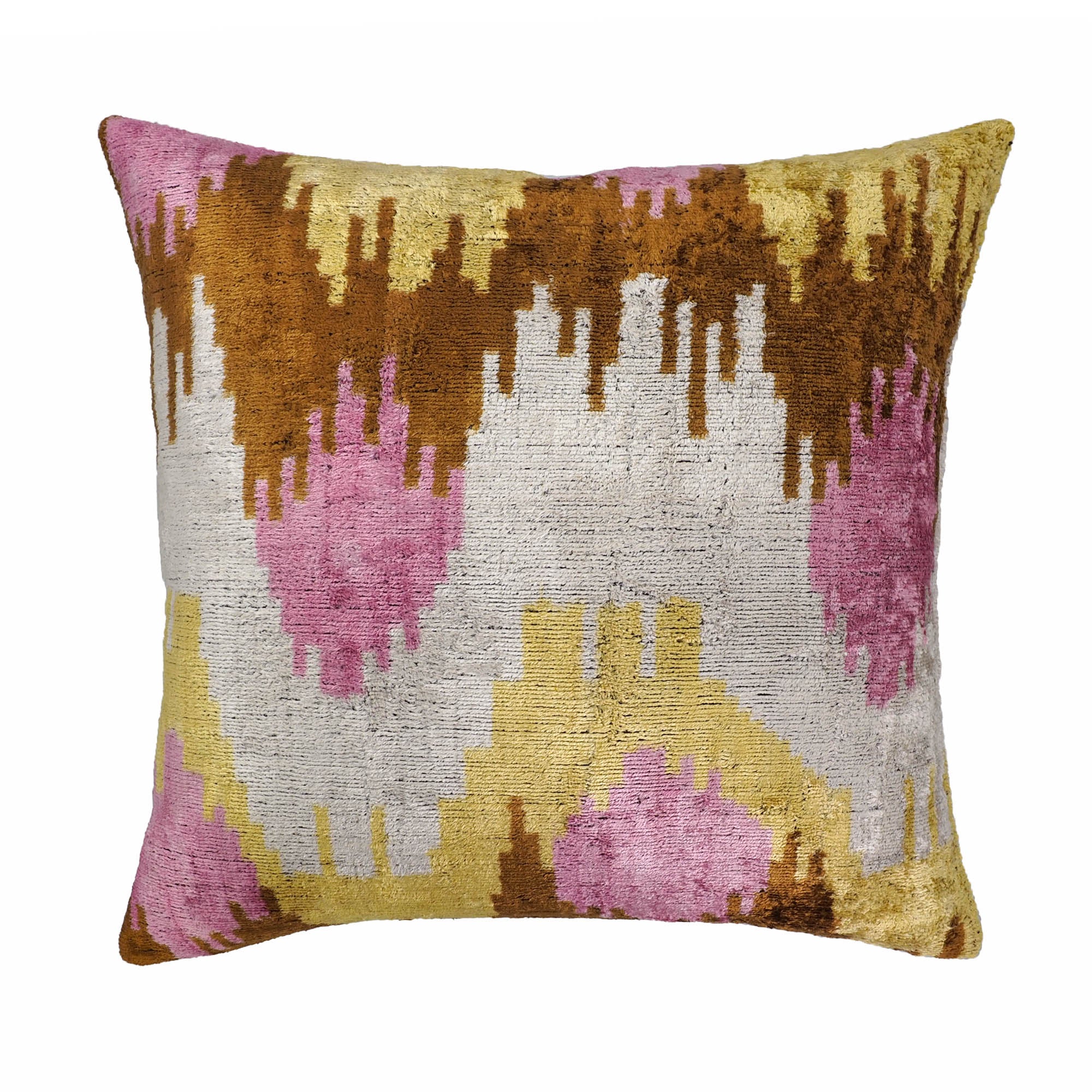 Chouchou Touch Sunset Tide silk velvet pillow with pink, yellow, and brown ikat pattern.