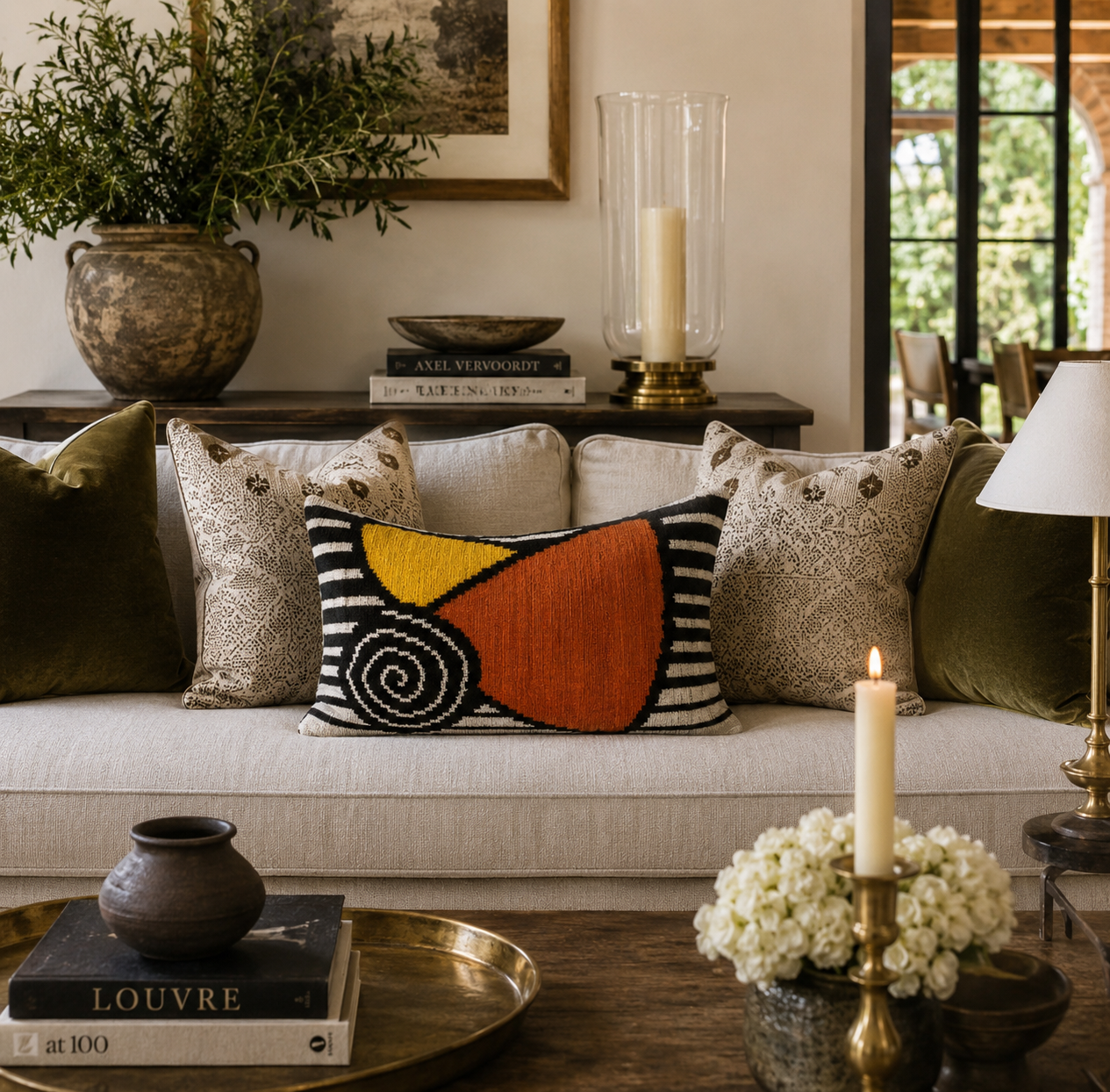 Handmade silk velvet ikat lumbar pillow in orange, yellow, black, and ivory tones styled on a neutral sofa in a European-inspired living room with layered pillows, brass decor, and rustic wood accents.