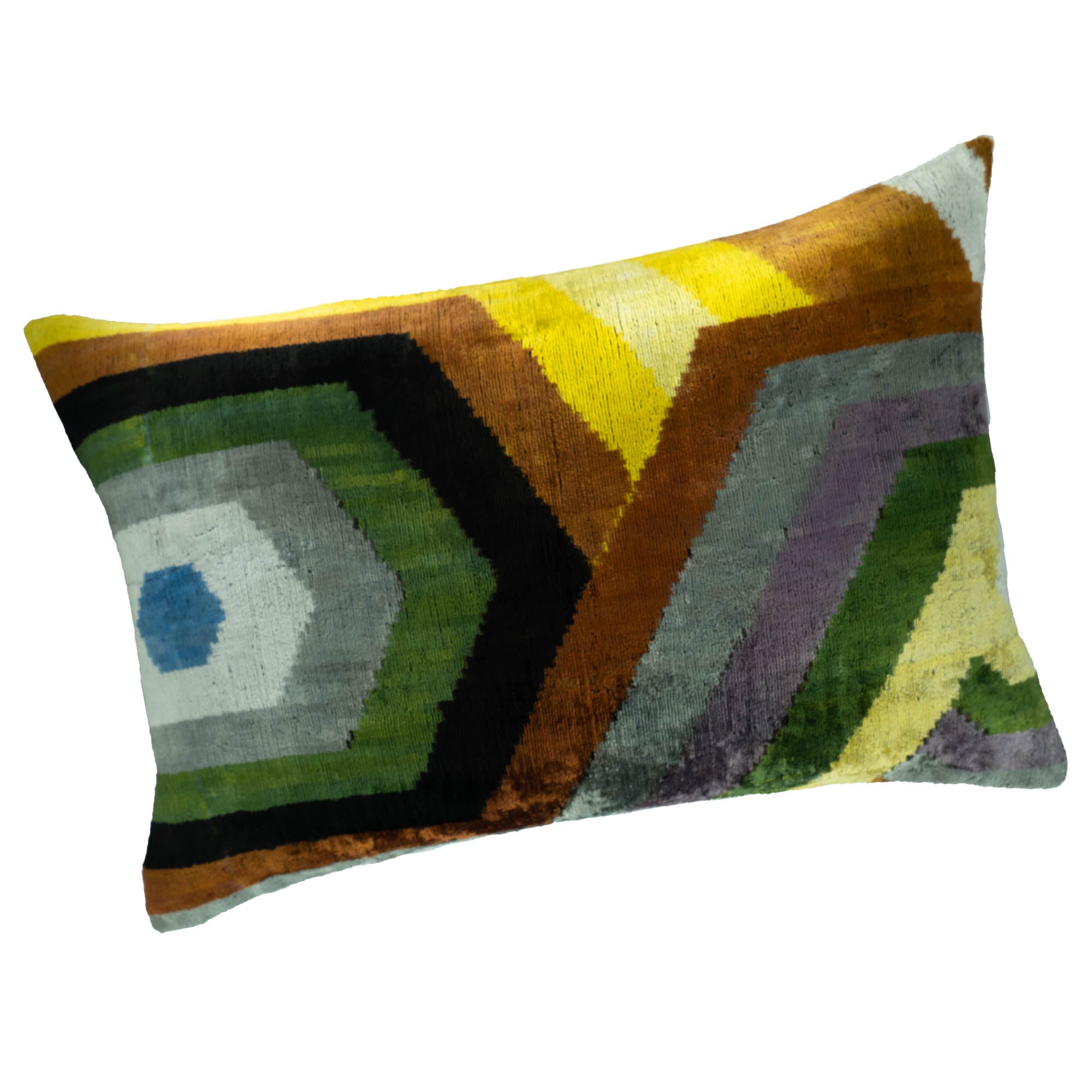 Handmade silk velvet throw pillow with bold Ikat pattern in multicolor hues, adding a modern touch to any space.