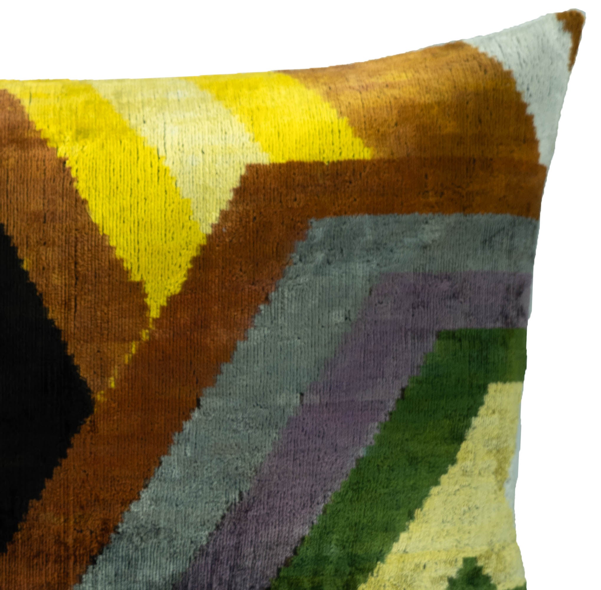 Decorative pillow cover with vibrant Ikat design, featuring a mix of green, yellow, and muted tones for a sophisticated interior accent.