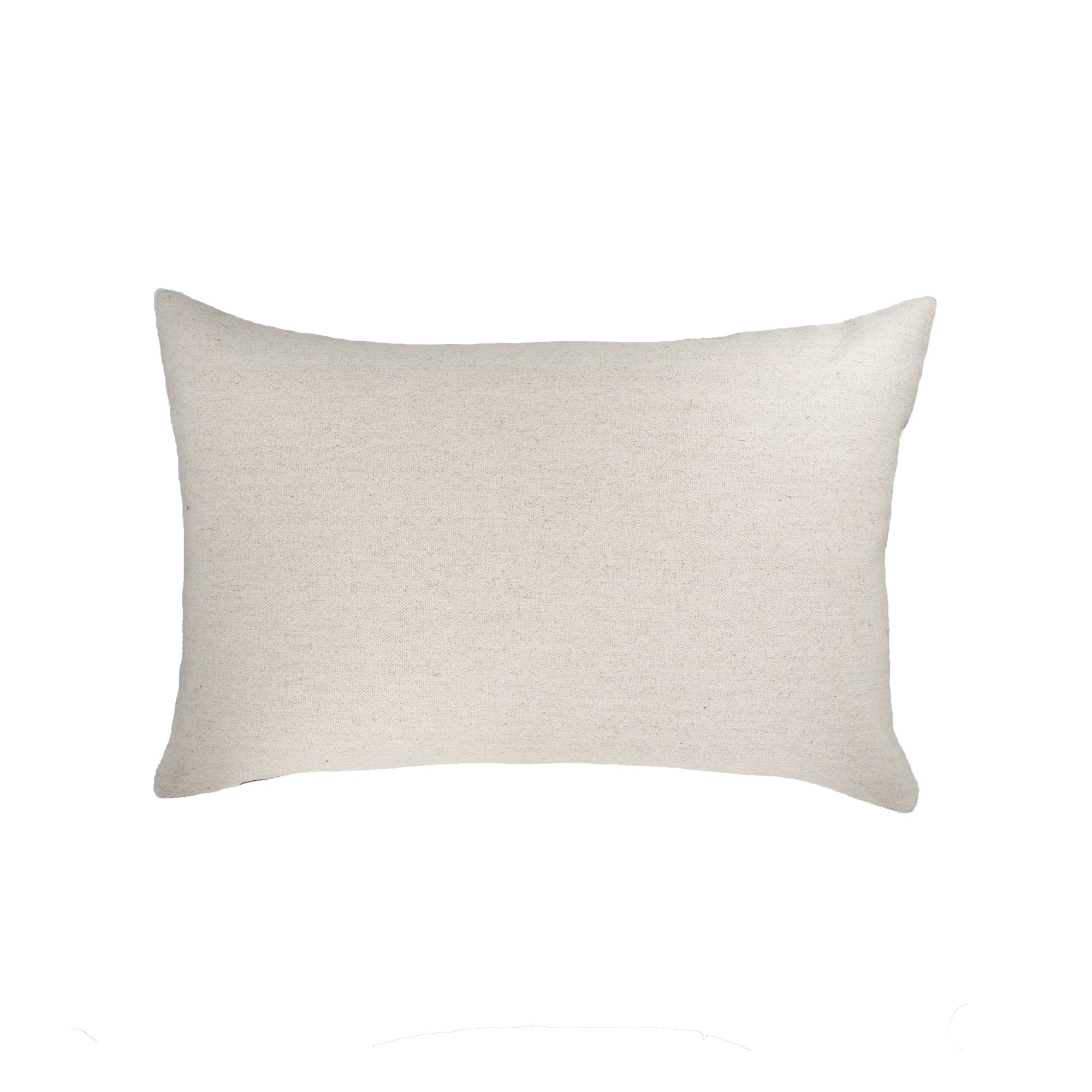 Natural linen back on multicolor silk velvet ikat lumbar pillow, neutral backing designed to complement elegant and modern home decor.