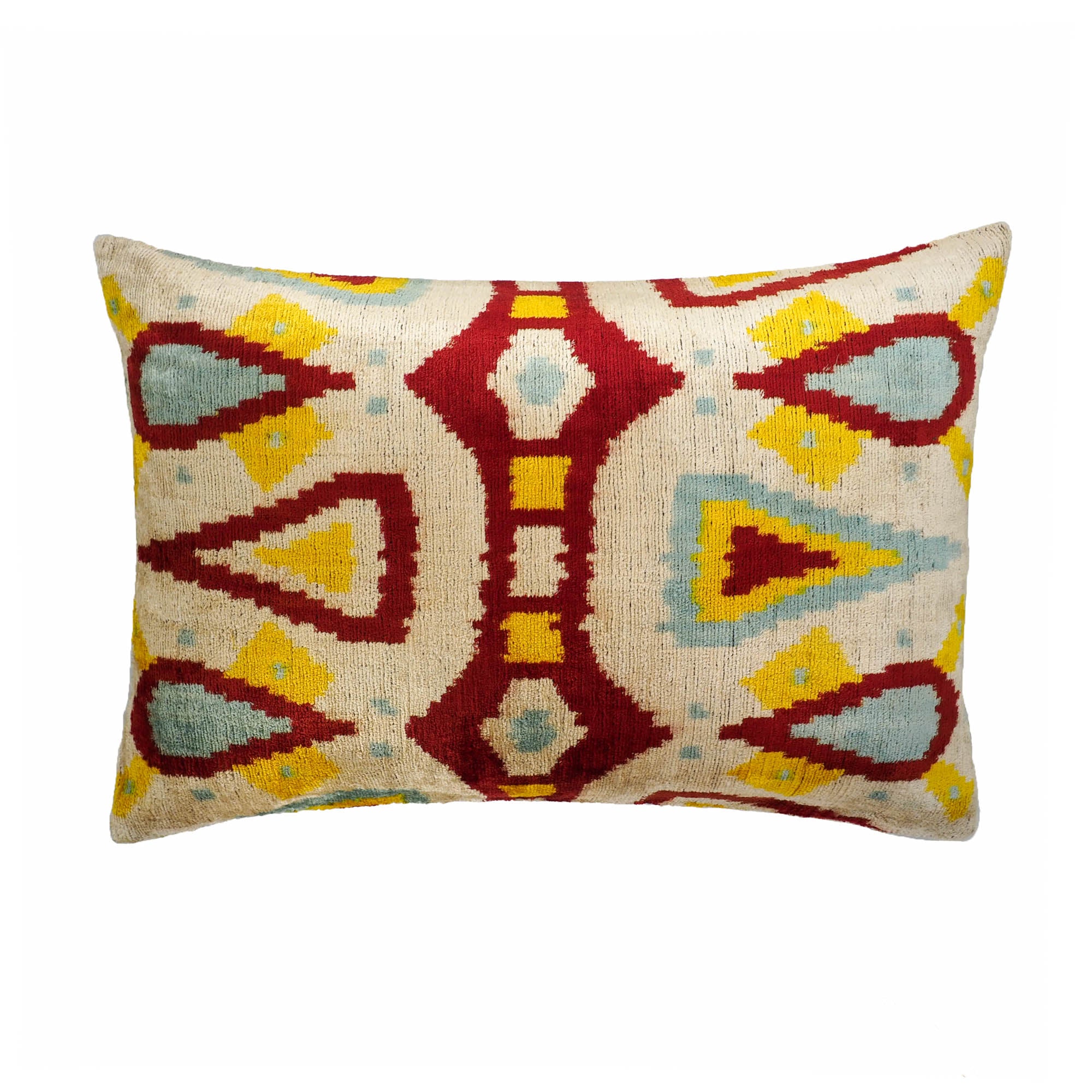 Chouchou Touch Vanilla Silk Velvet Ikat Pillow Cover, 16 x 24, with intricate handwoven Ikat motifs on soft silk velvet, perfect for adding color and texture to any room.