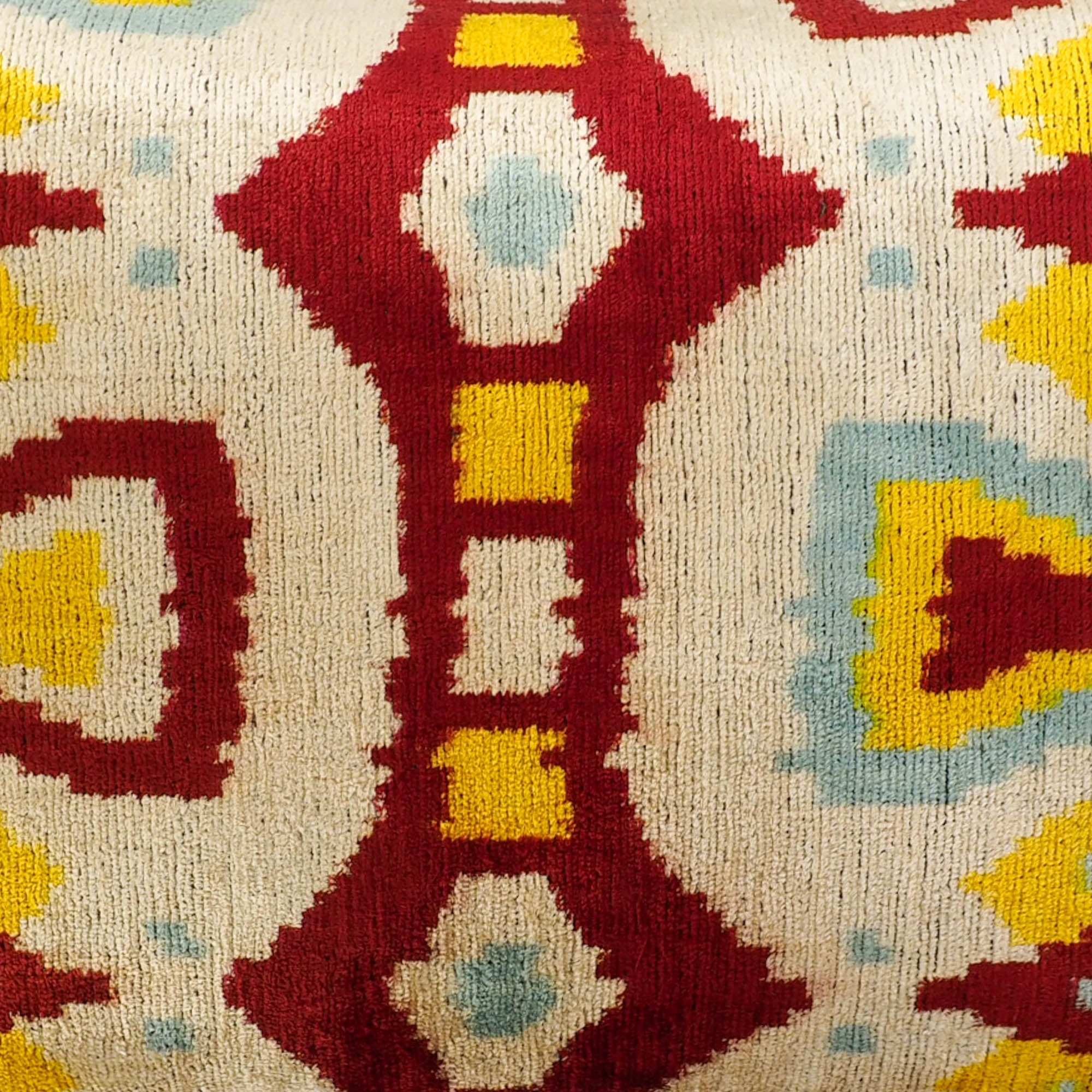 Vanilla Silk Velvet Ikat Throw Pillow Cover, 16 x 24, perfect for contemporary interiors, showcasing handwoven Ikat patterns on high-quality silk velvet fabric.