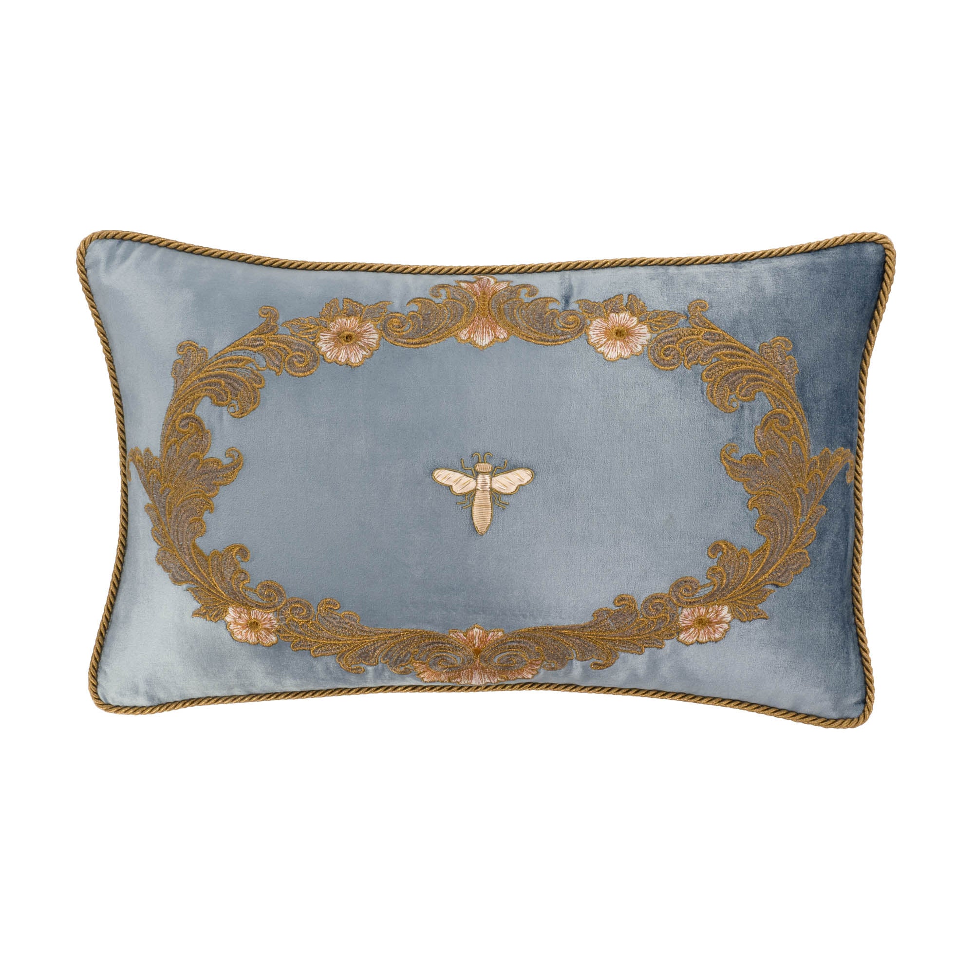 Venice Blue Silk Velvet Throw Pillow Cover with golden embroidered bumblebee and floral motif, 12x20 inches