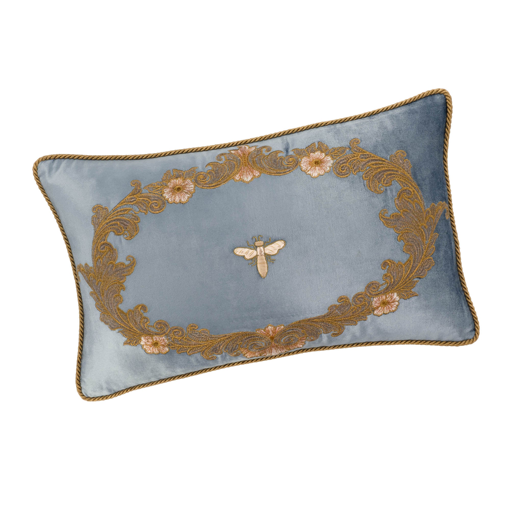Handcrafted blue silk velvet pillow cover featuring gold metal thread embroidery and regal bee design