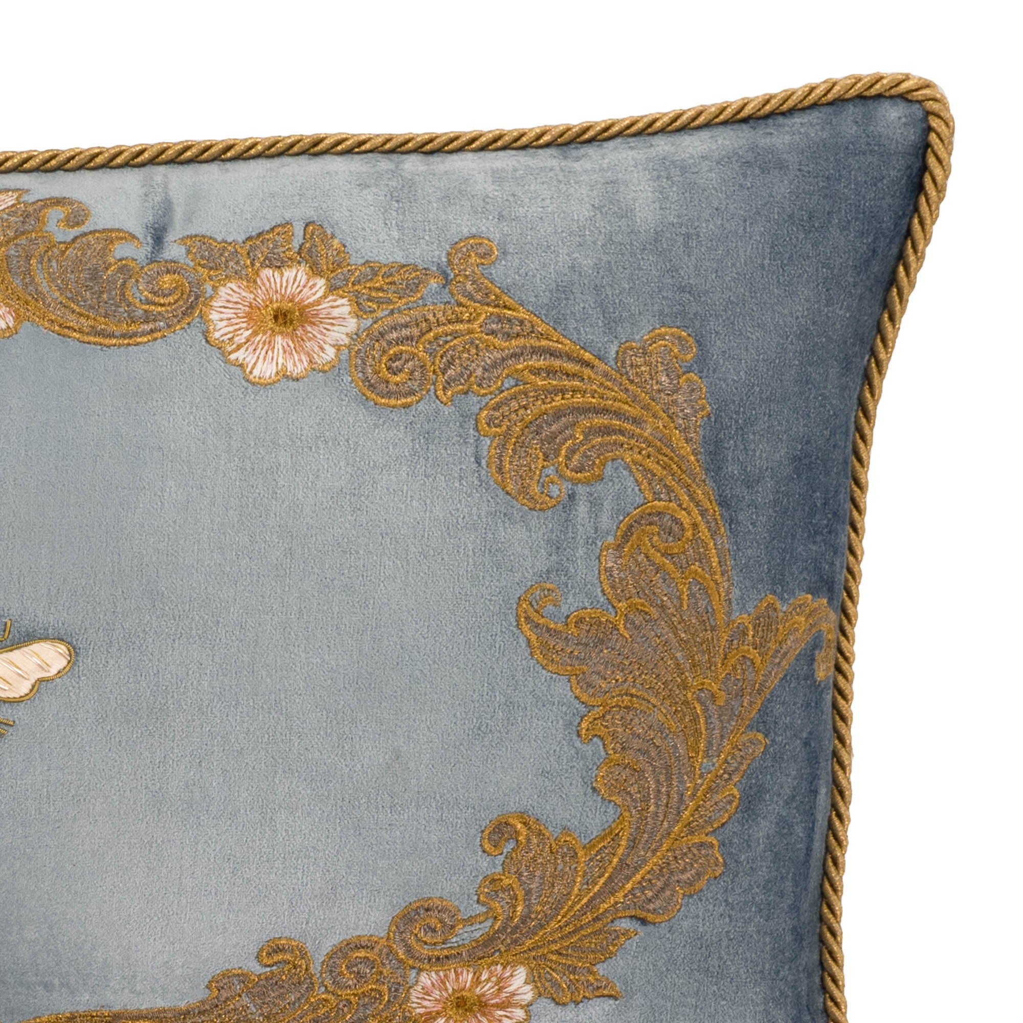 Luxury velvet throw pillow cover with baby blue silk fabric and ornate golden floral embroidery
