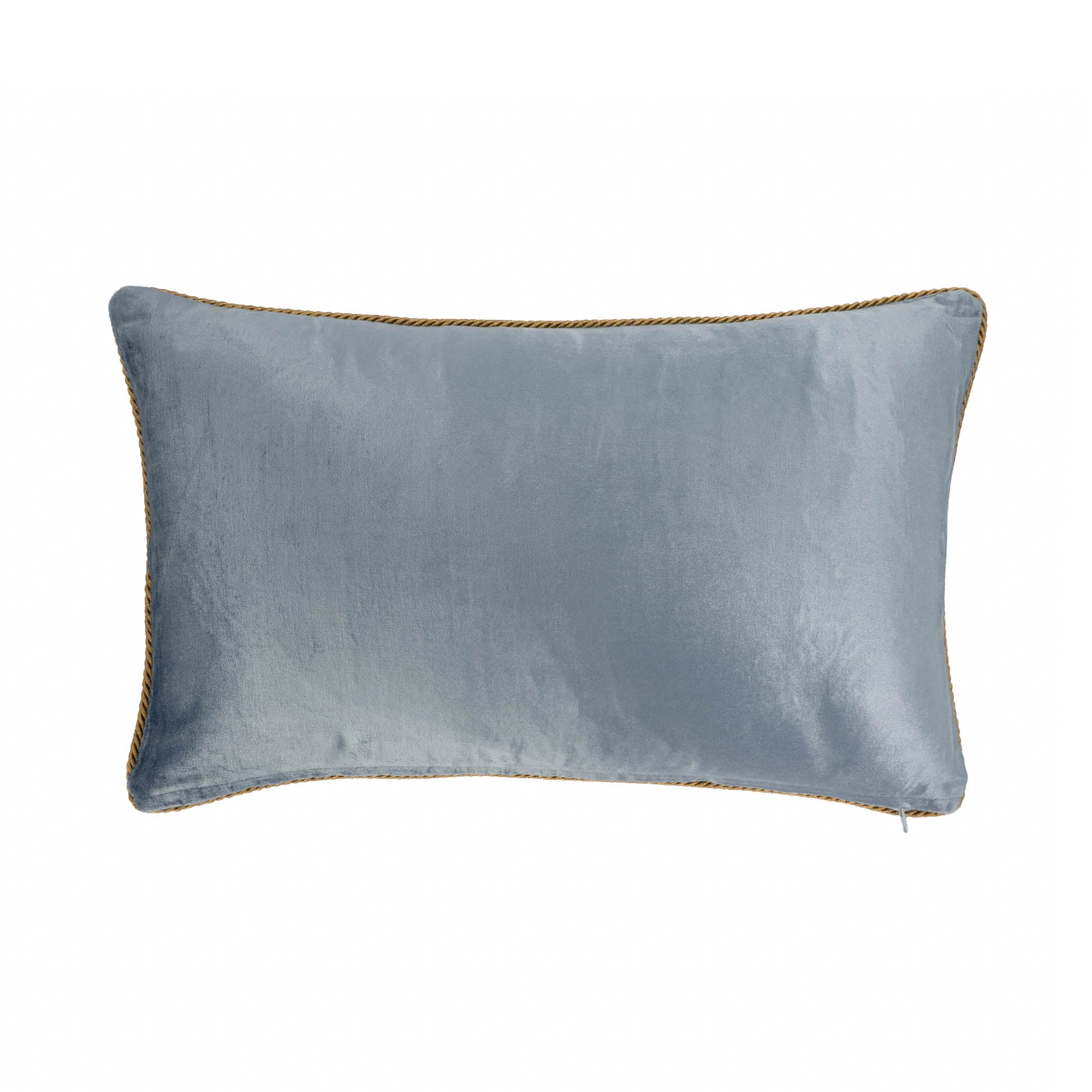 Silk velvet pillow with golden embroidered bee centerpiece and ornate floral design on soft blue fabric