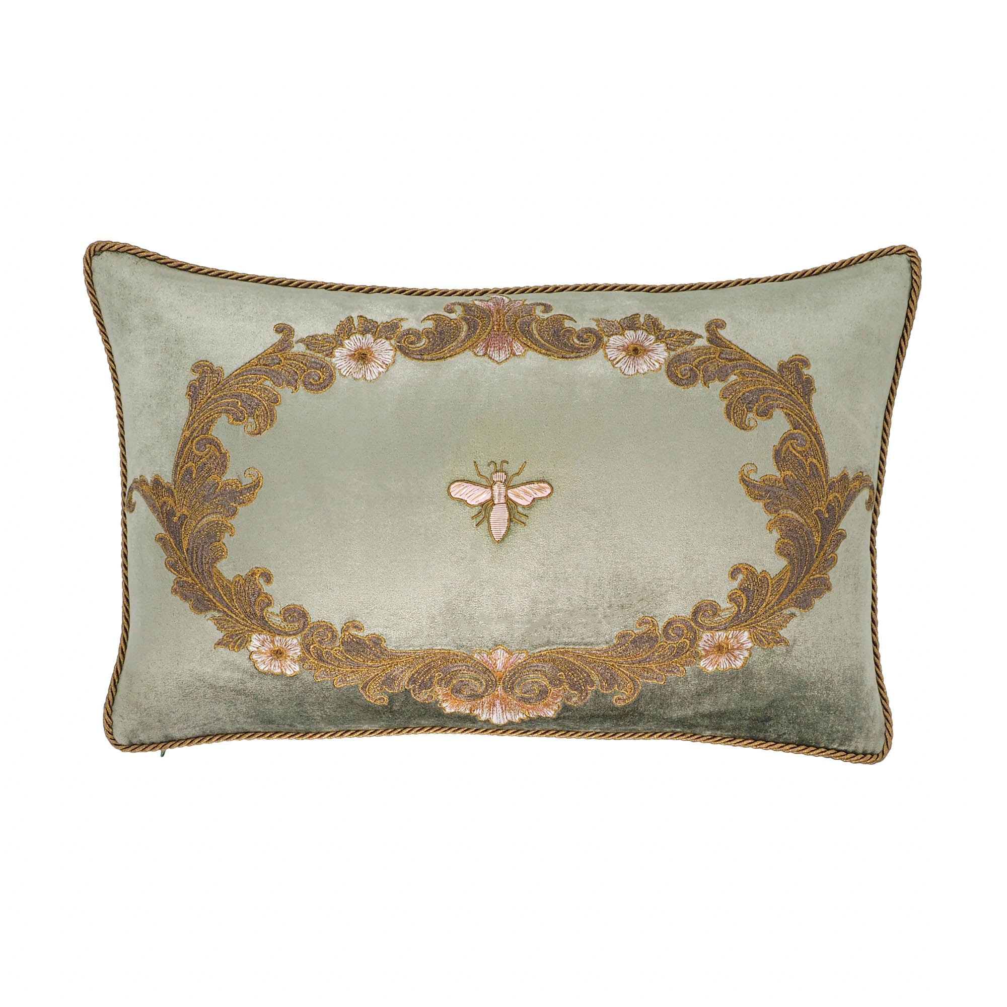 light green silk velvet bee embroidered lumbar pillow cover with gold floral wreath design 12x20