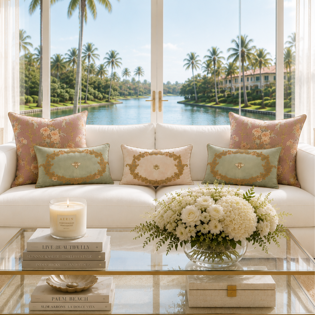 Green Venice Bee silk velvet lumbar pillow with gold embroidery styled on a white sofa in a luxury Palm Beach waterfront living room.