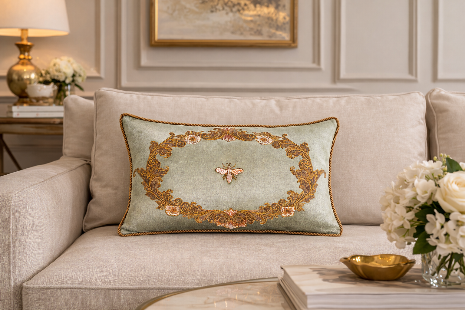 light green silk velvet bee embroidered lumbar pillow cover with gold floral wreath design styled on a beige sofa in an elegant living room