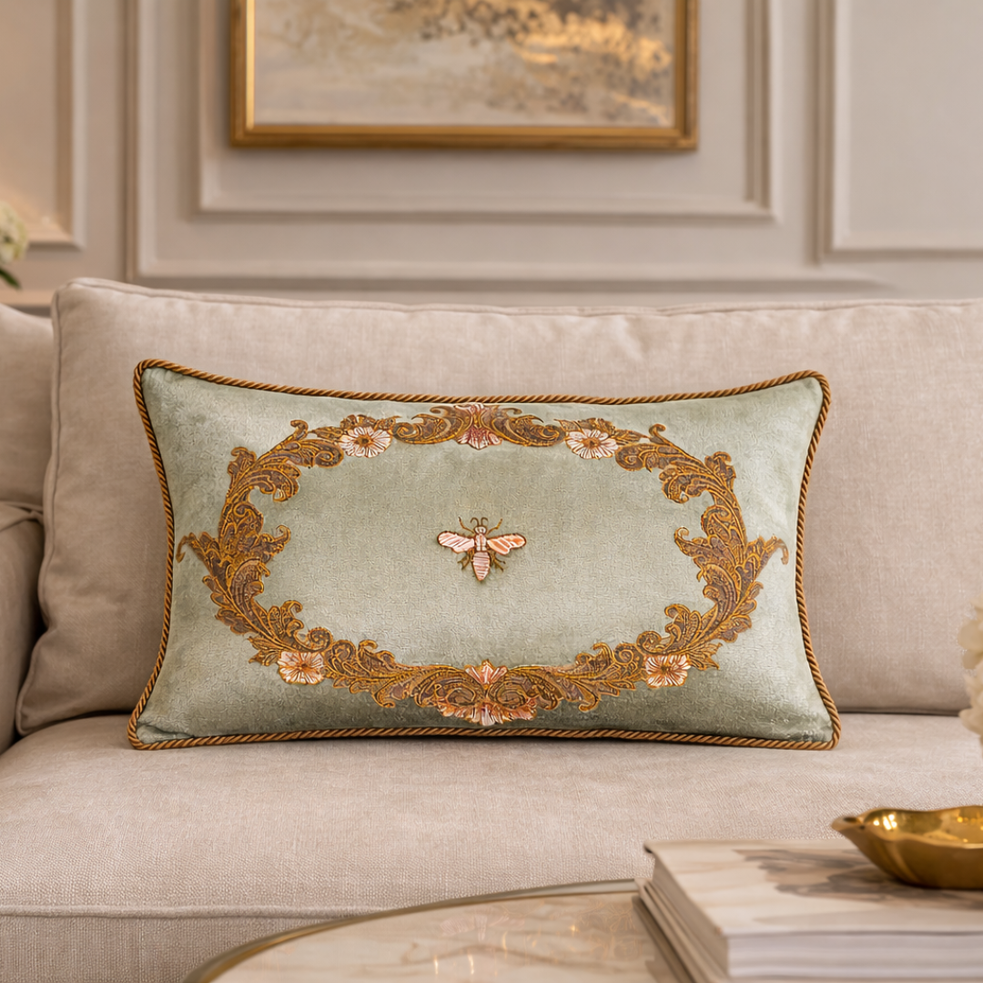 Luxury green silk velvet bee pillow with gold embroidery and floral scroll details displayed on a cream sofa.