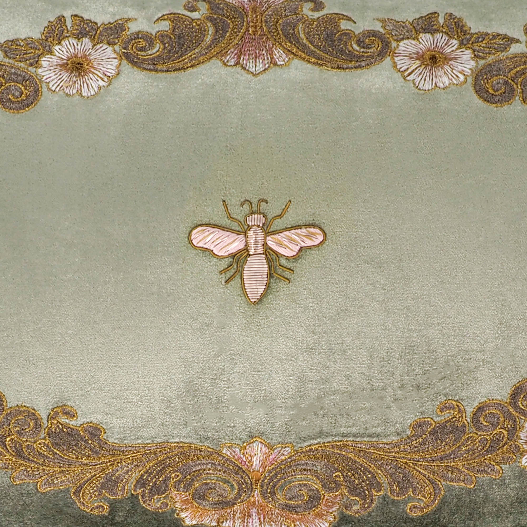 Luxurious Venice Silk Velvet Pillow Cover, 12" x 20", featuring a golden metal bumblebee motif and floral embroidery on both sides of sage green velvet.
