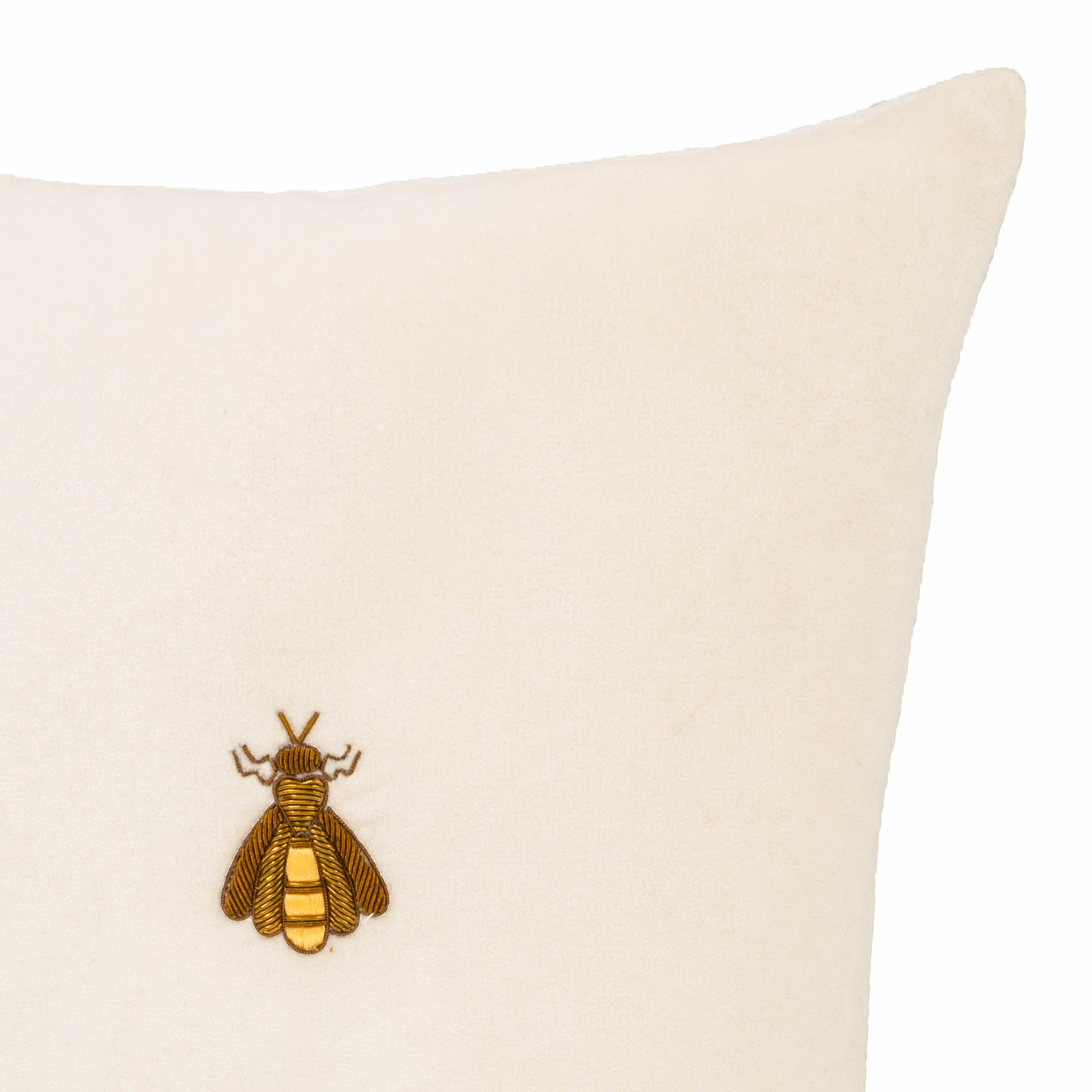 Hand-embroidered White Bee Silk Velvet Throw Pillow, 12" x 12", featuring golden bee motif for refined interior styling.