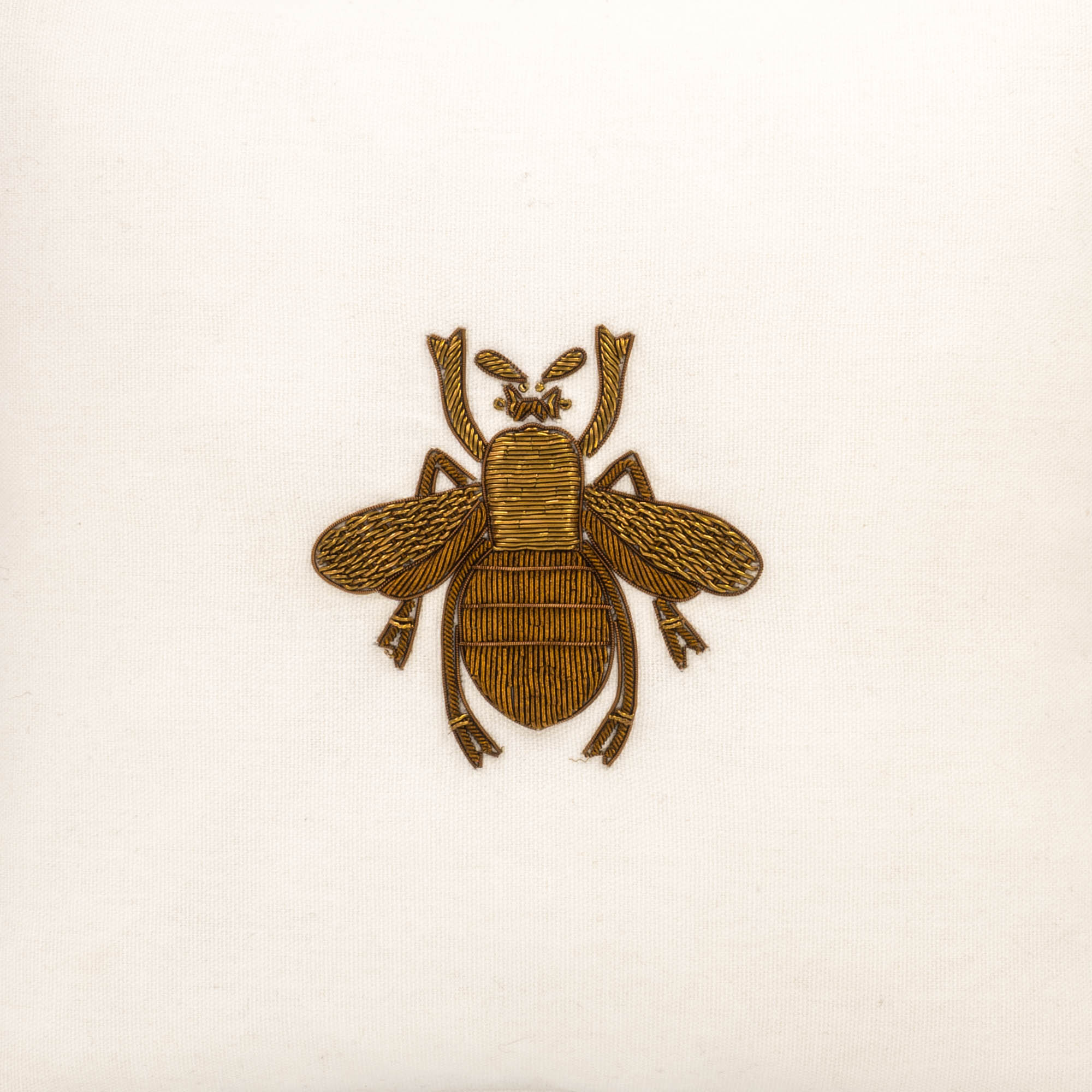 Chouchou Touch White Bee Sofa Pillow Cover, 12" x 12", adorned with intricate golden metal bee embroidery, a timeless piece.