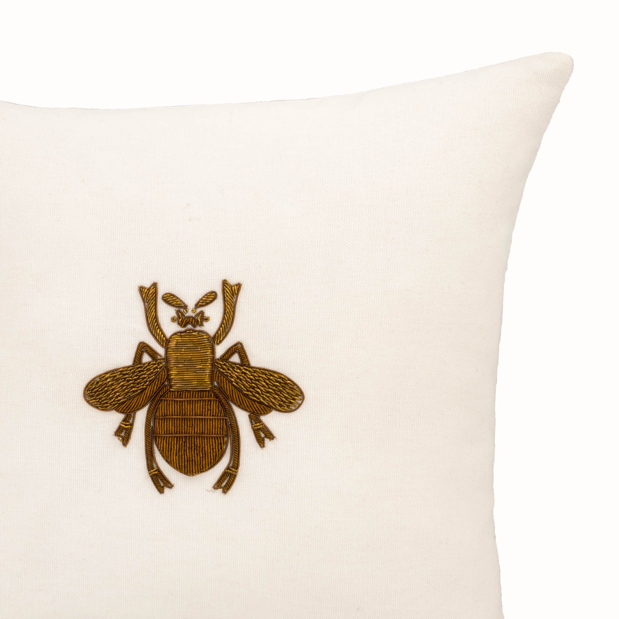 Handcrafted 12" x 12" White Bee Throw Pillow Cover, featuring golden bee embroidery for a sophisticated, refined aesthetic.