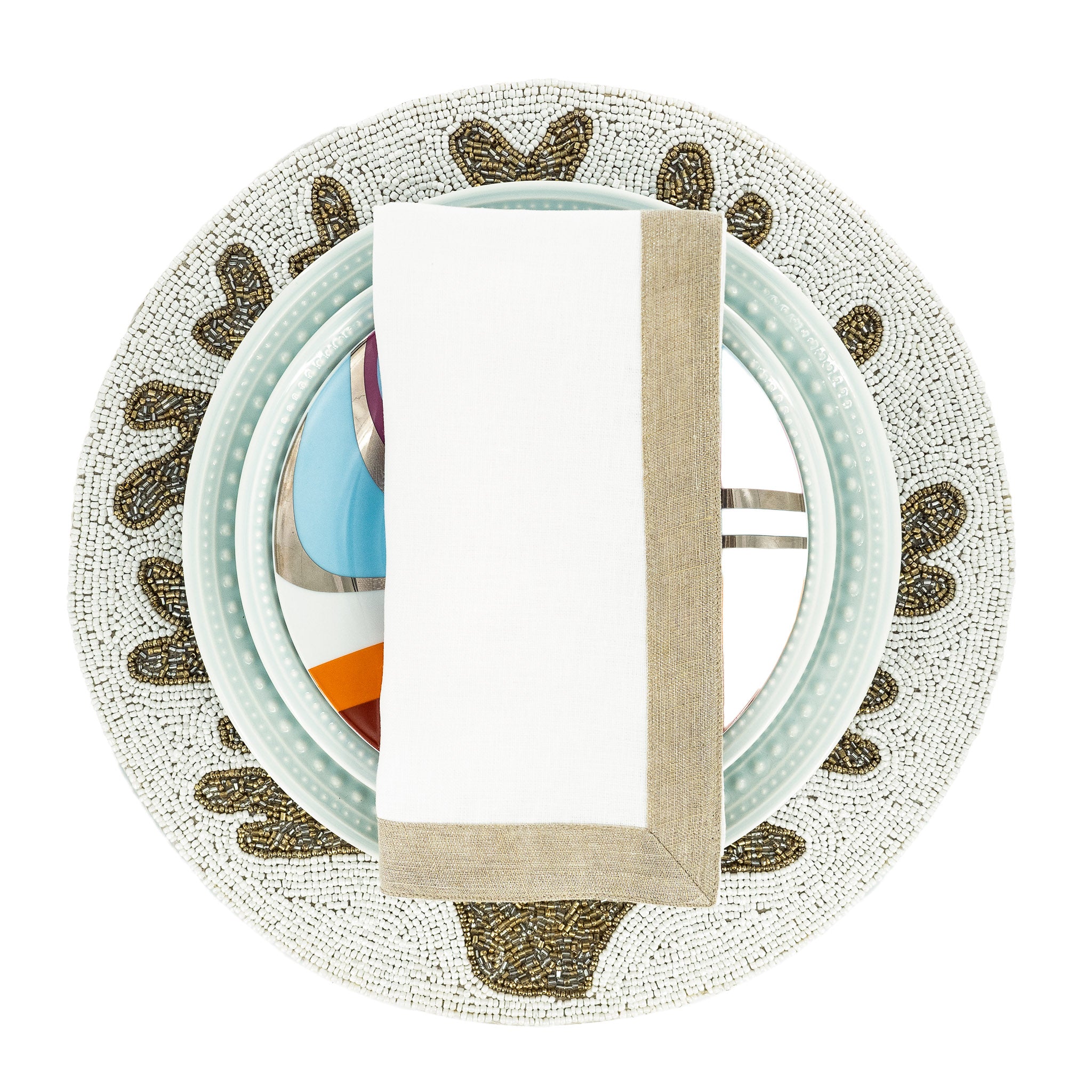 Set of 4 white linen napkins, 21x21 inches, with sparkle borders, adding a luxurious touch to your table decor."