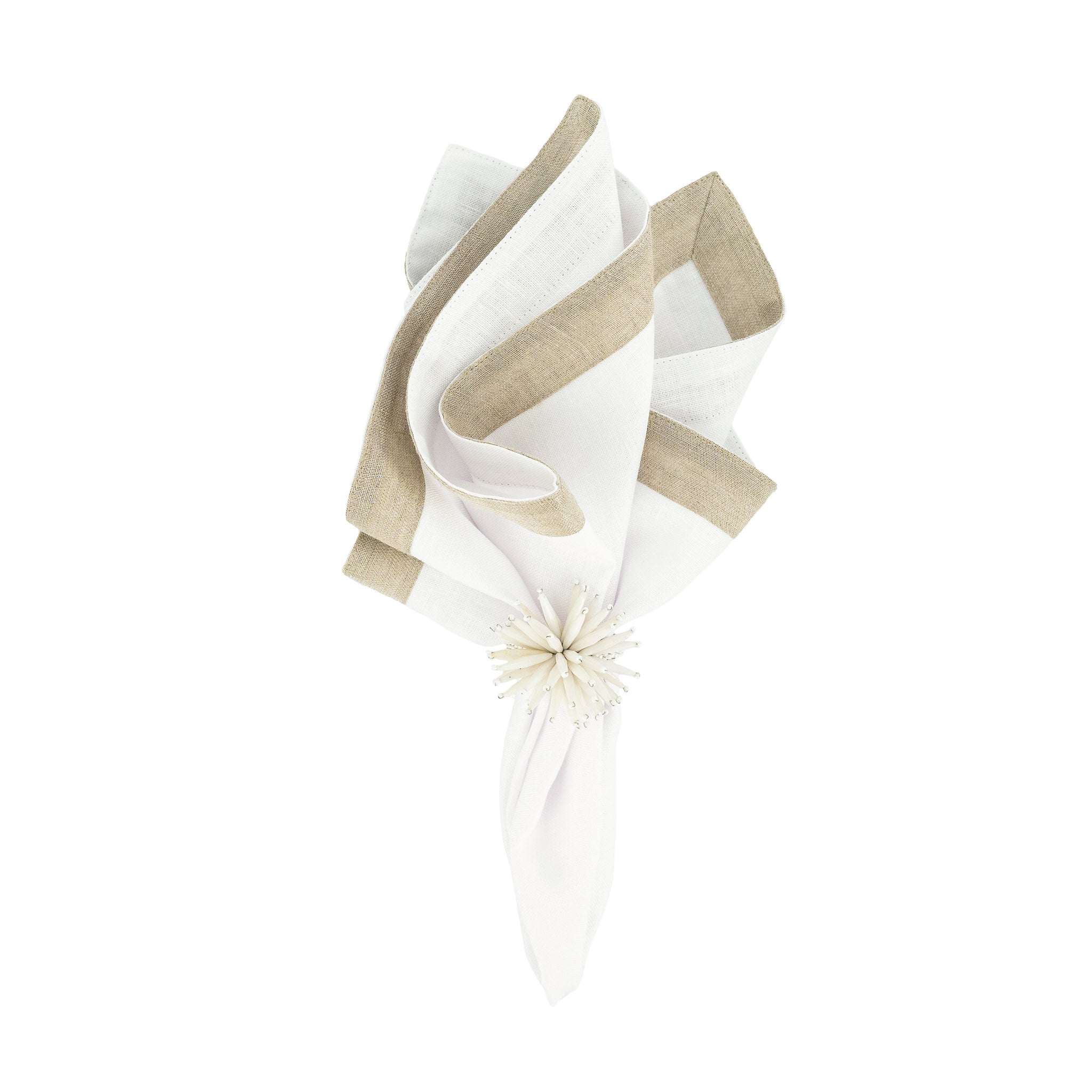 White linen napkins with shiny sparkle borders, crafted to bring a glamorous, festive feel to any table setting.