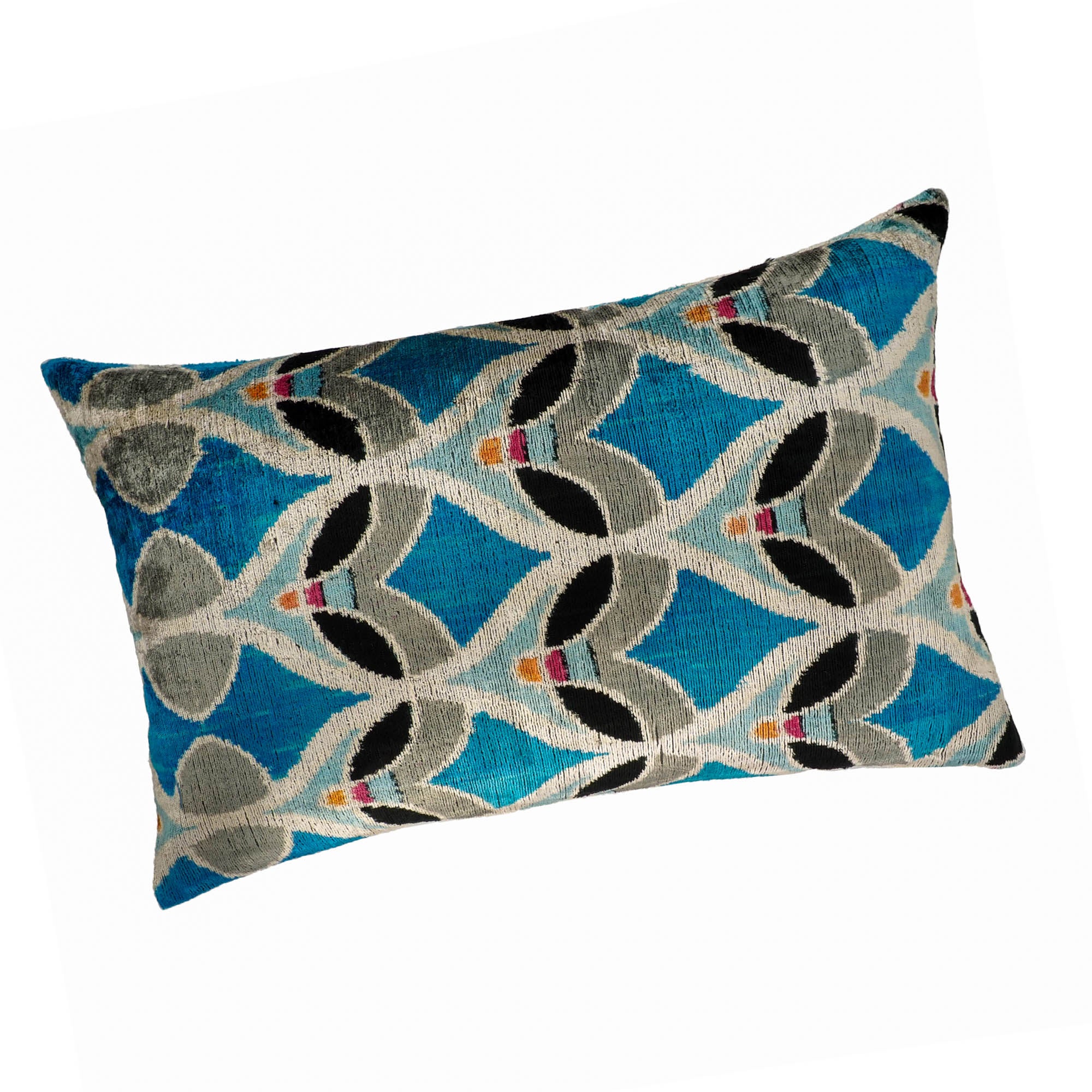 Windsor Silk Velvet Ikat Throw Pillow, 16 x 24, blending centuries-old Ikat weaving with modern silk velvet for an elegant and colorful home decor piece.