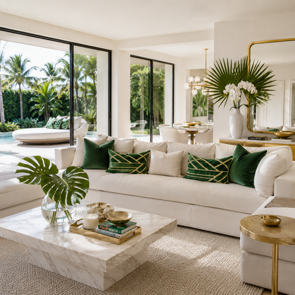 Emerald green silk velvet lumbar pillows with geometric pattern styled on a cream sofa, luxury coastal living room decor featuring tropical views, natural light and sophisticated interior styling.