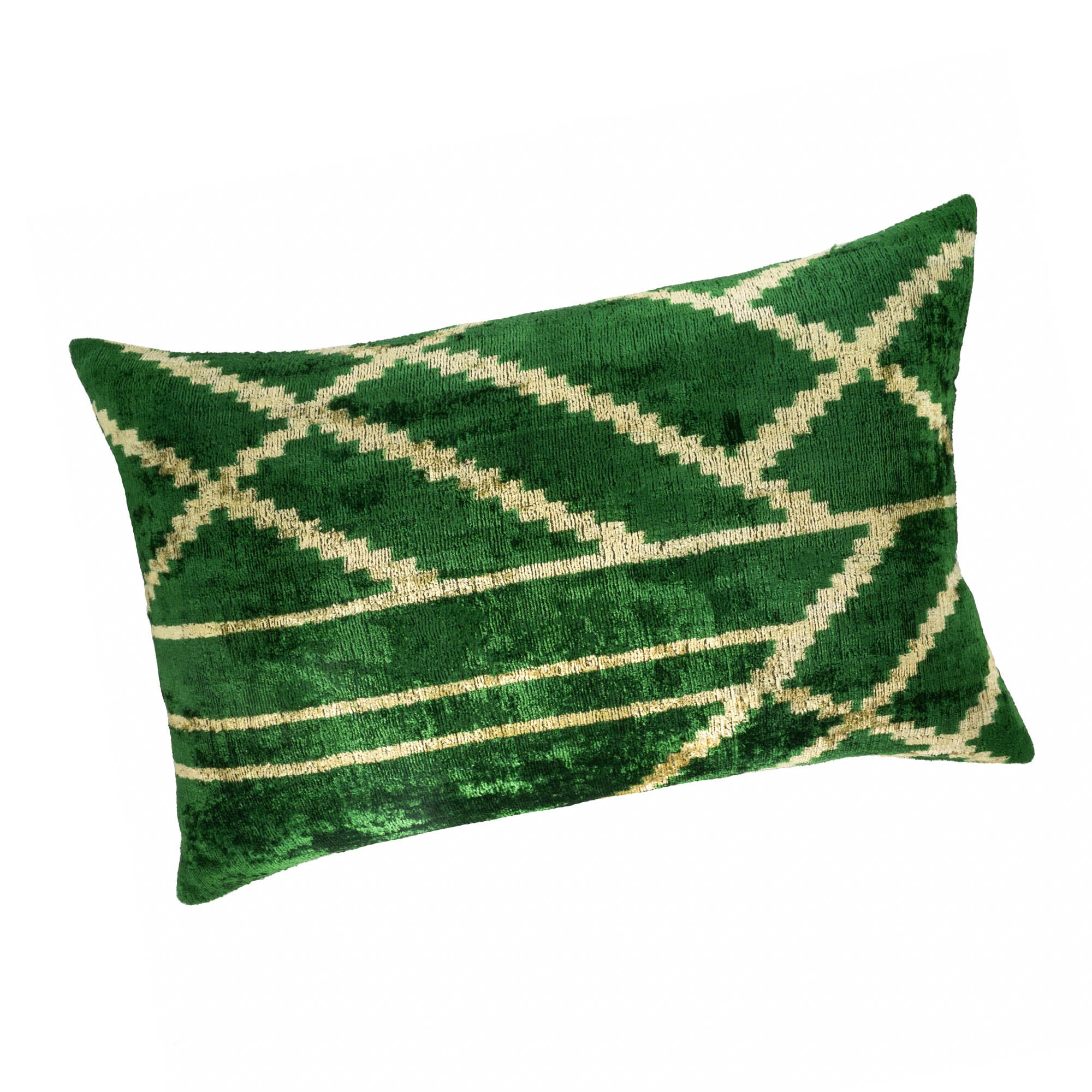 Luxury rectangular throw pillow in green silk velvet with traditional ikat design.