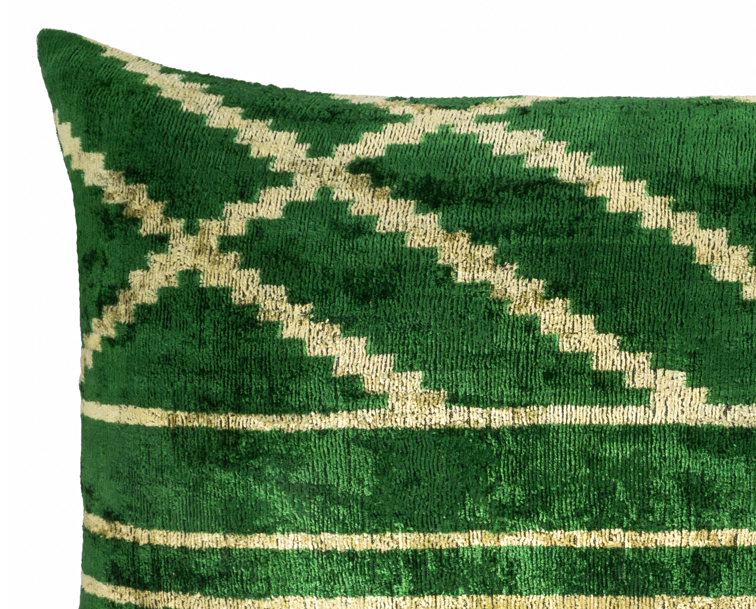 ChouChou Touch green silk velvet cushion cover featuring diagonal ikat lines and plush texture, handcrafted beautiful green pillow designed by ChouChou Touch.