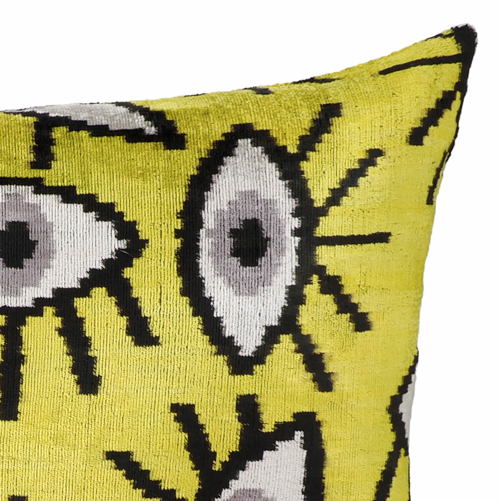 Yellow Eyes Silk Velvet Ikat Throw Pillow Cover, 16 x 24, with vibrant yellow Ikat patterns on smooth silk velvet, perfect for adding a contemporary touch to any room.