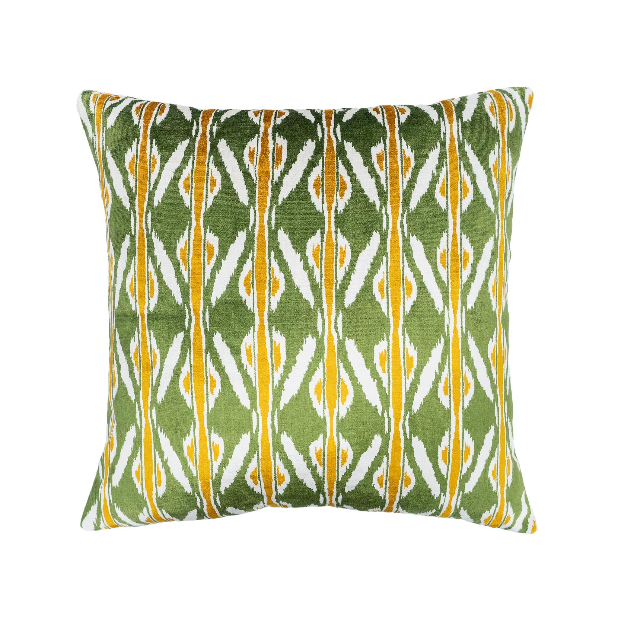 Chouchou Touch green silk velvet ikat pillow with vertical stripes and yellow diamond motifs.