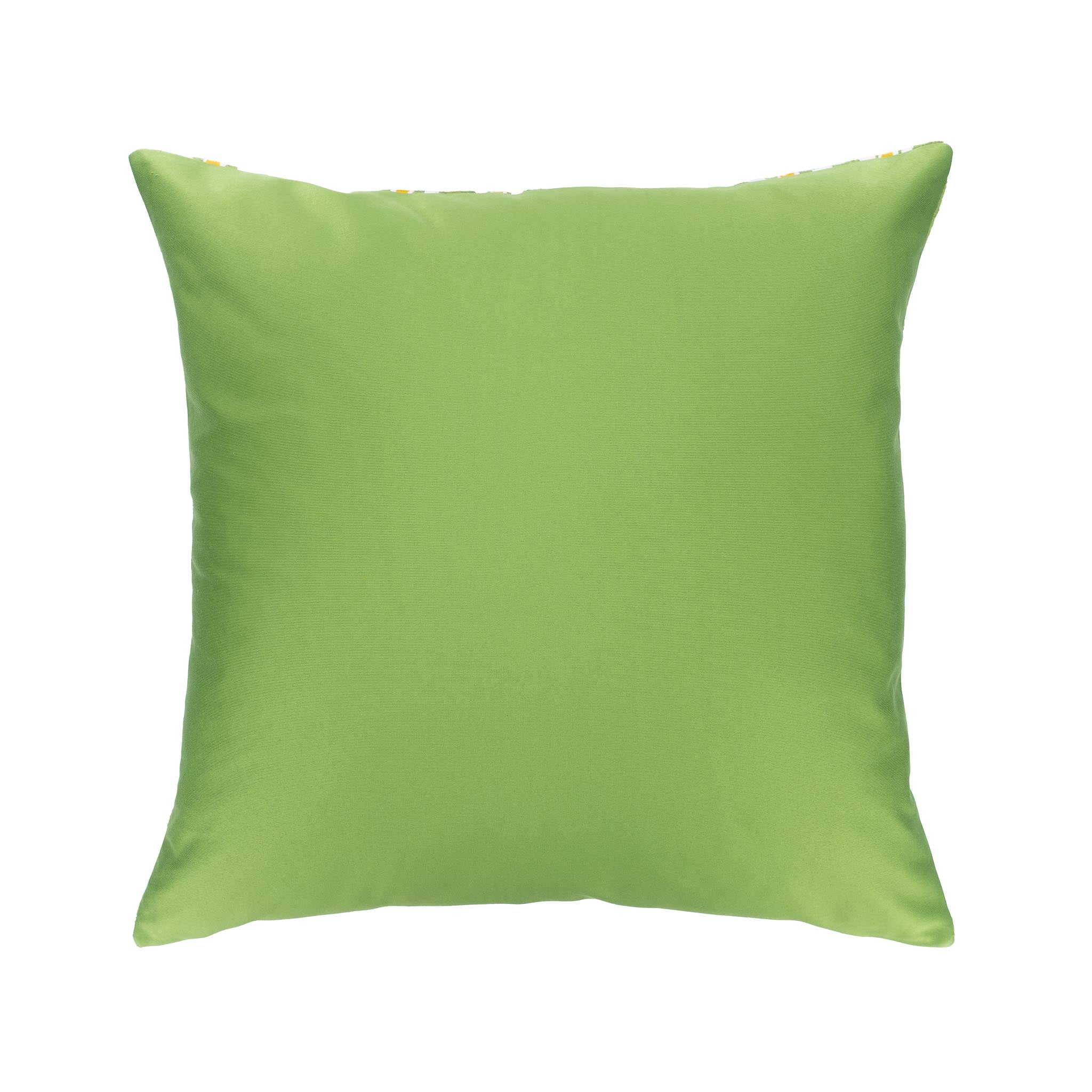 Luxurious 20-inch square ikat pillow in olive green with traditional yellow and white design.