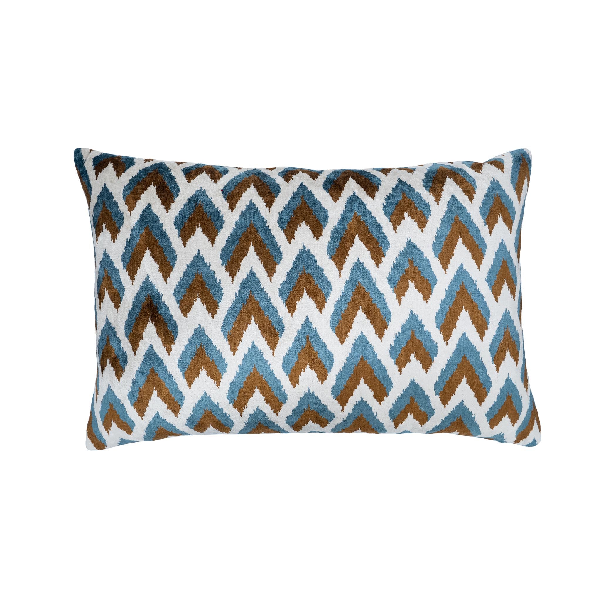 Arrows silk velvet ikat pillow in blue, brown, and ivory chevron pattern, 16x24 inch.