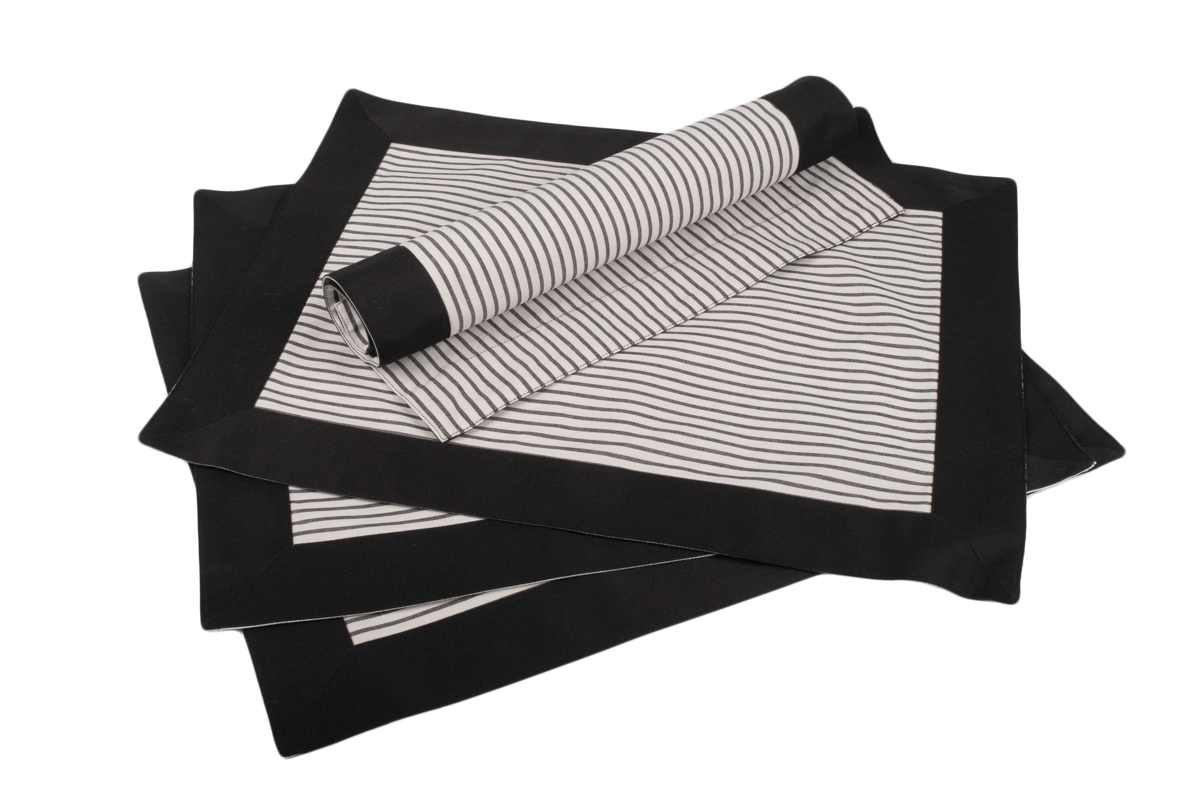 Stylish handmade black placemats with stripes, offering an elegant foundation for your tabletops, crafted from cotton and polyester.