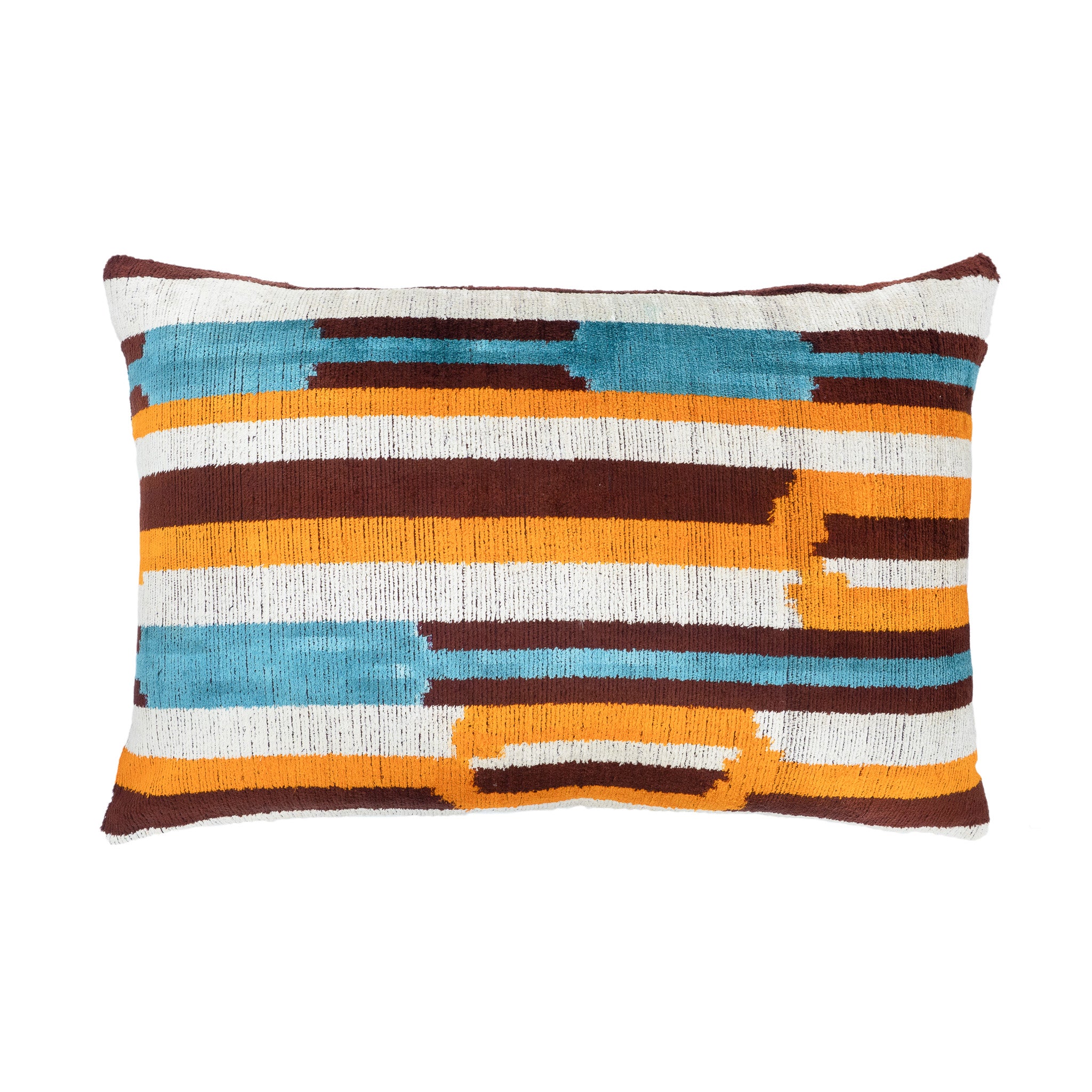 Berlin Silk Velvet Ikat Pillow Cover featuring a bold striped design in orange, blue, brown, and white.