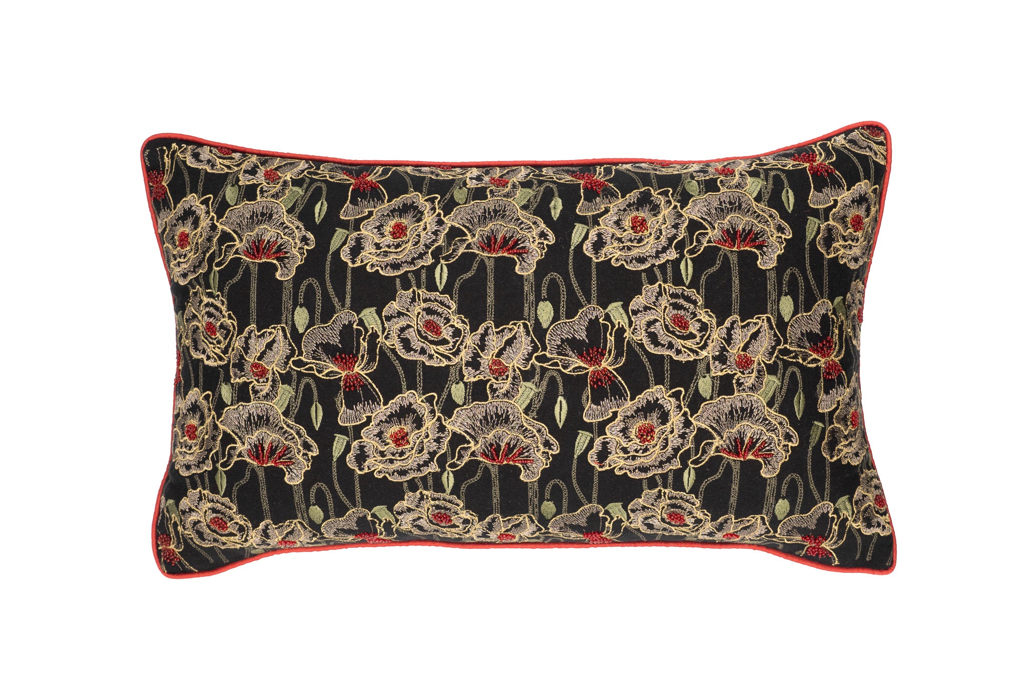 Rectangular black throw pillow with gold and sage orchid embroidery and red piping.