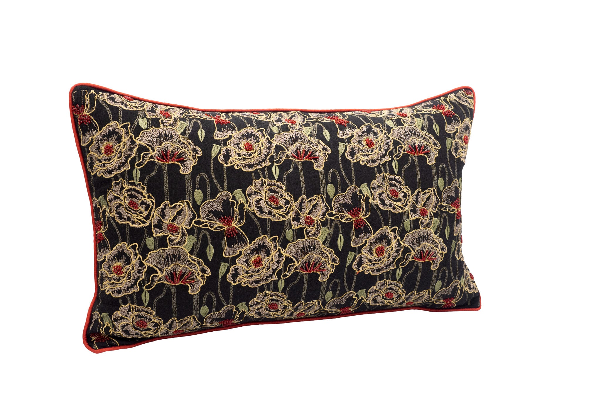 Black linen and cotton pillow featuring metallic floral embroidery and red trim.