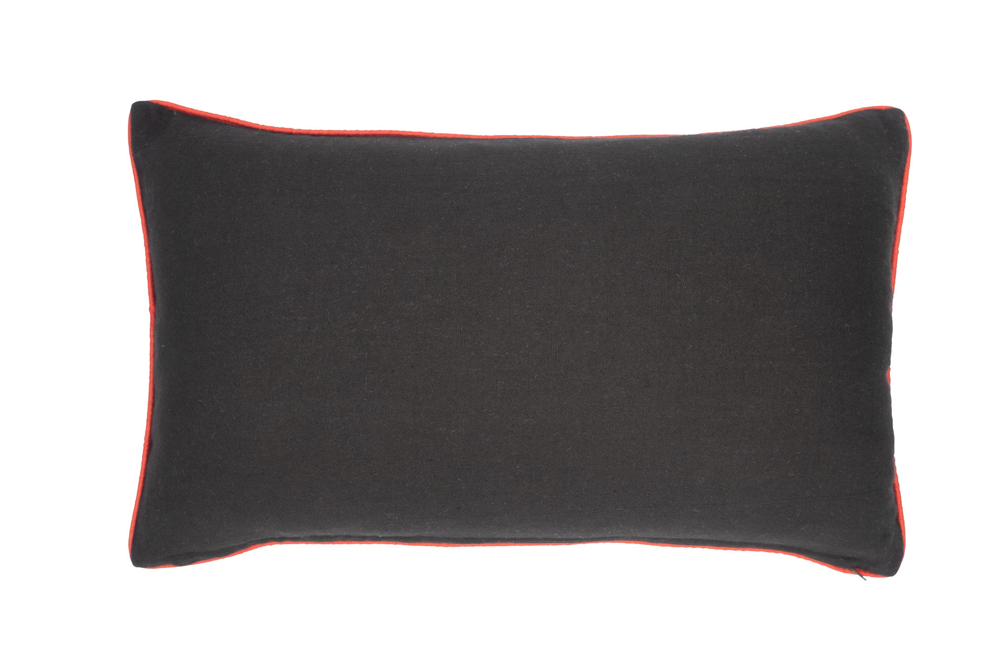 Black decorative pillow with intricate metallic orchid motifs and vivid red edges.