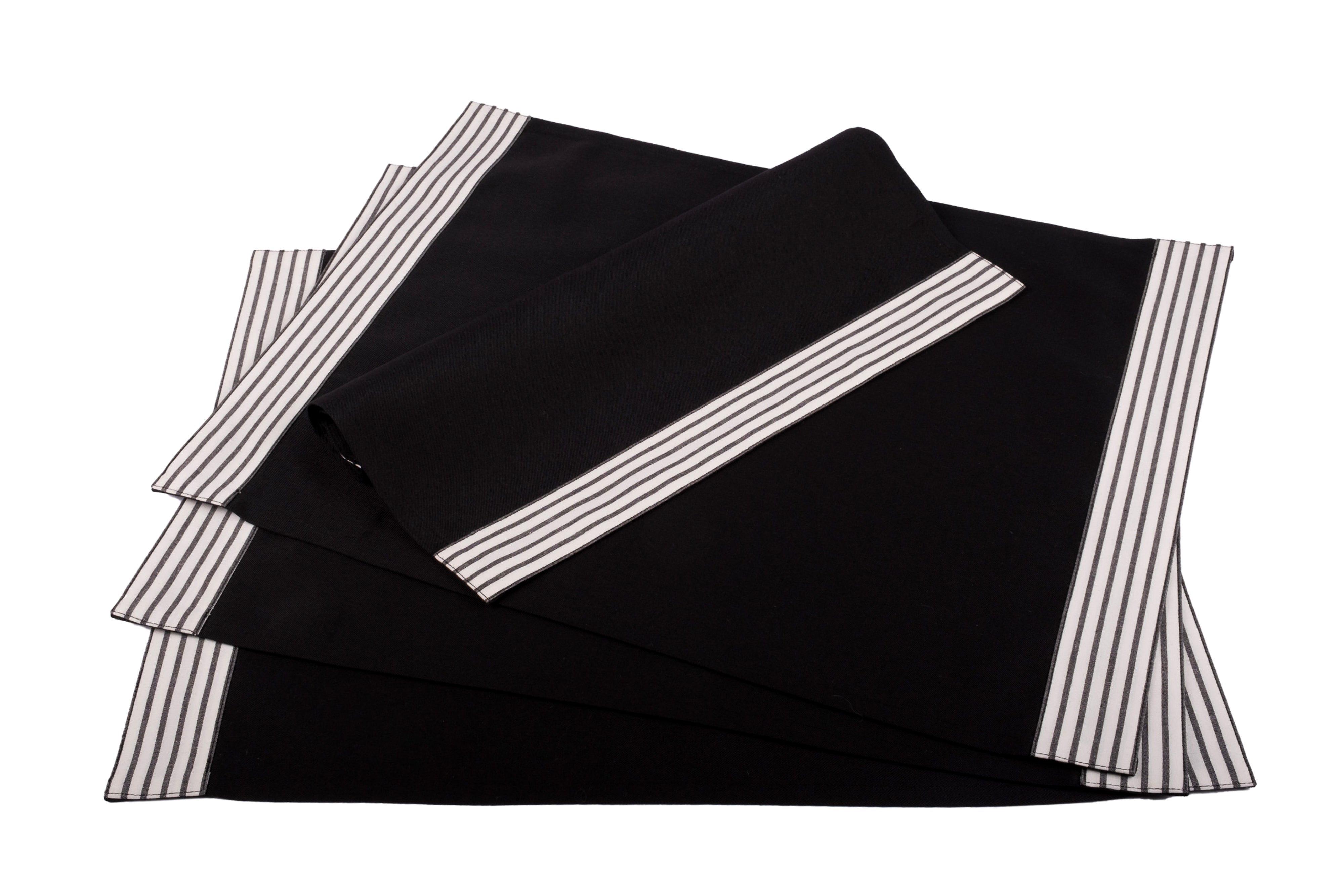 Black placemats with side stripes, anti-wrinkle and machine washable, set of 4, ideal for enhancing your table settings.