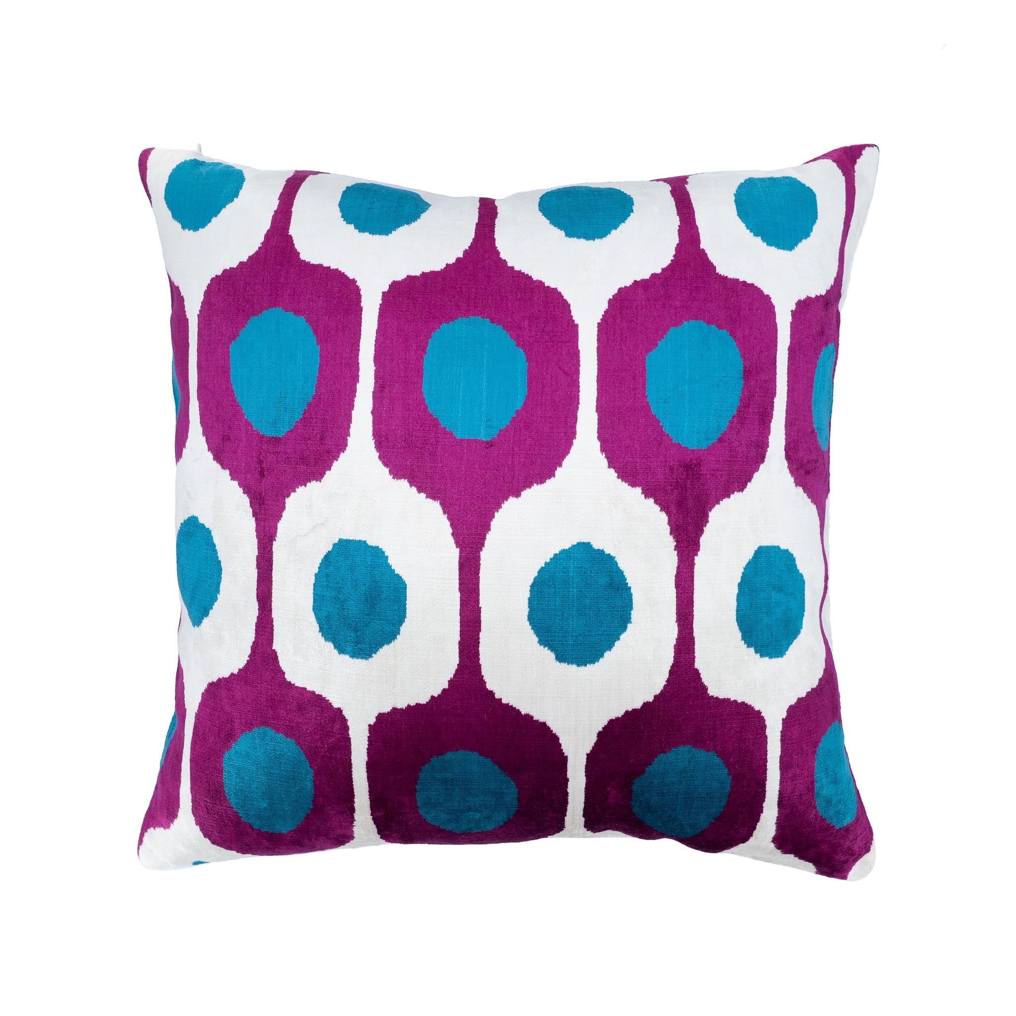 Bolero Blue Silk Velvet Ikat Pillow with a modern circular pattern in rich magenta, white, and turquoise, 20x20 inches.