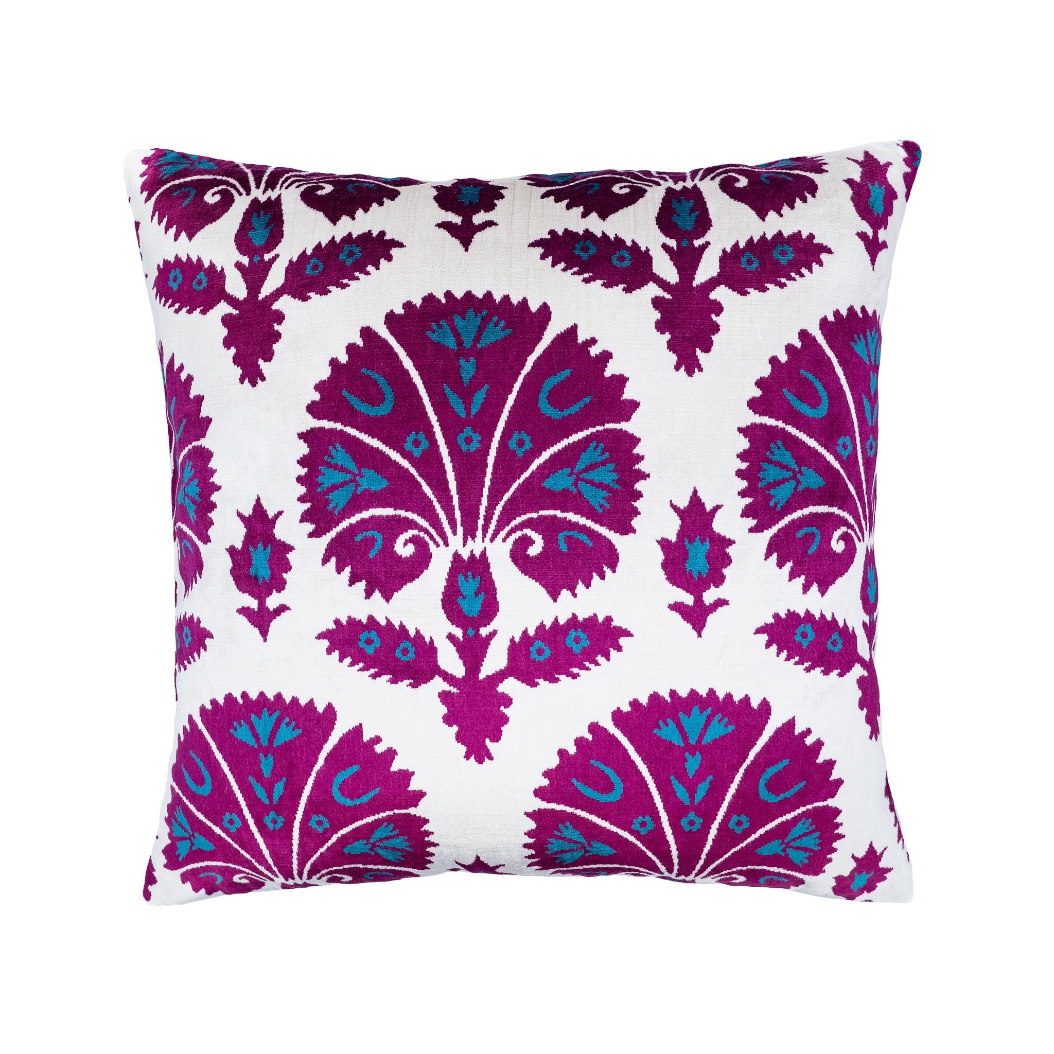 Bosporus Silk Velvet Ikat Pillow in deep purple and turquoise floral patterns, 20x20 inches.