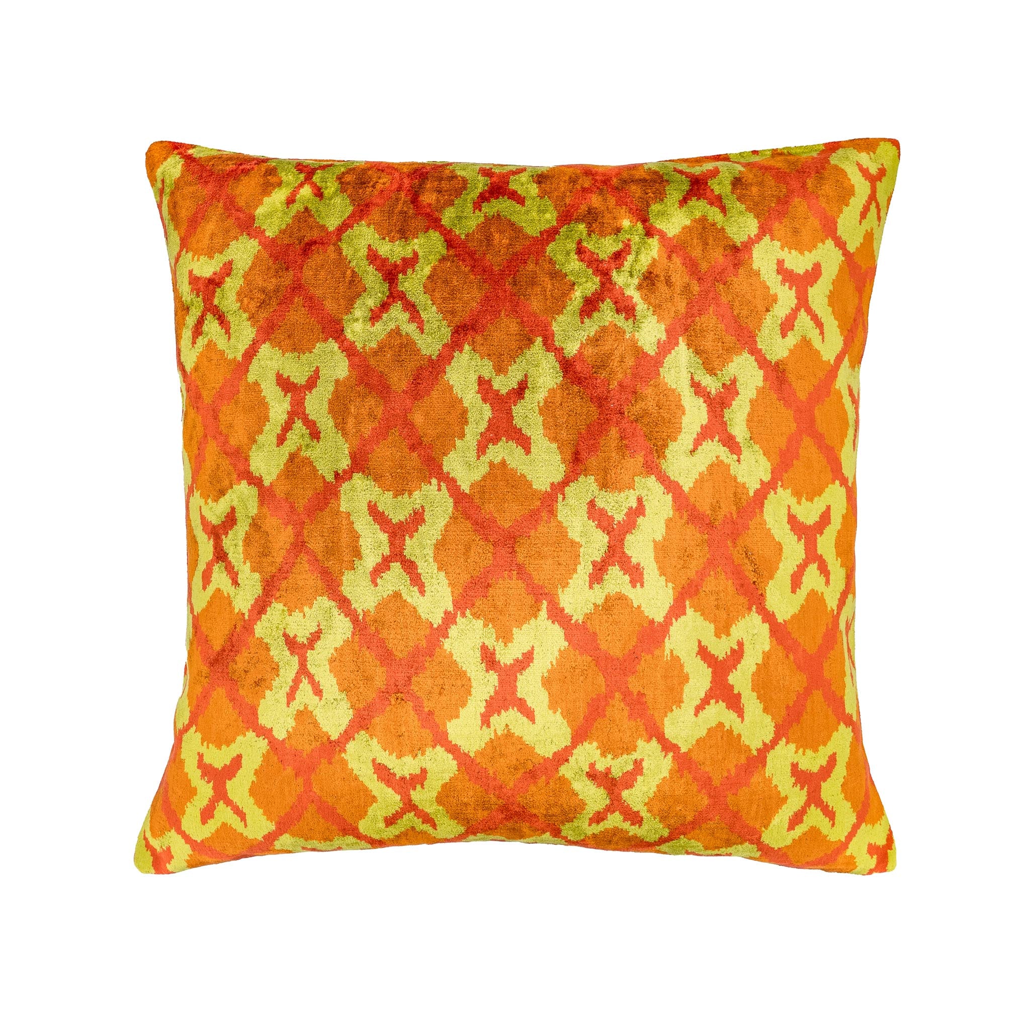 Burlington Silk Velvet Ikat Pillow in warm orange and yellow tones with a geometric lattice pattern, 20x20 inches.