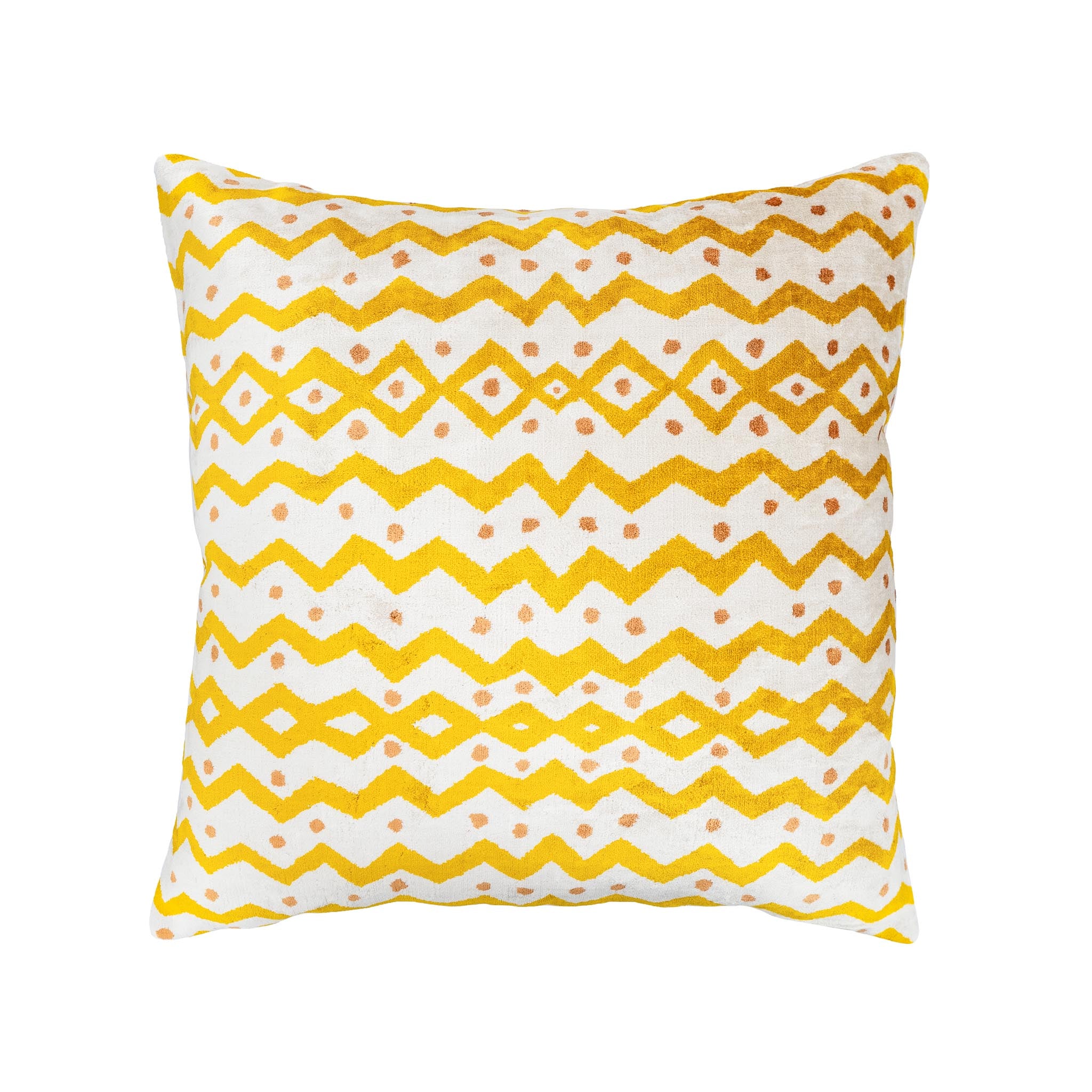Luxury yellow silk velvet ikat pillow with Moroccan-inspired geometric designs, 20-inch square.
