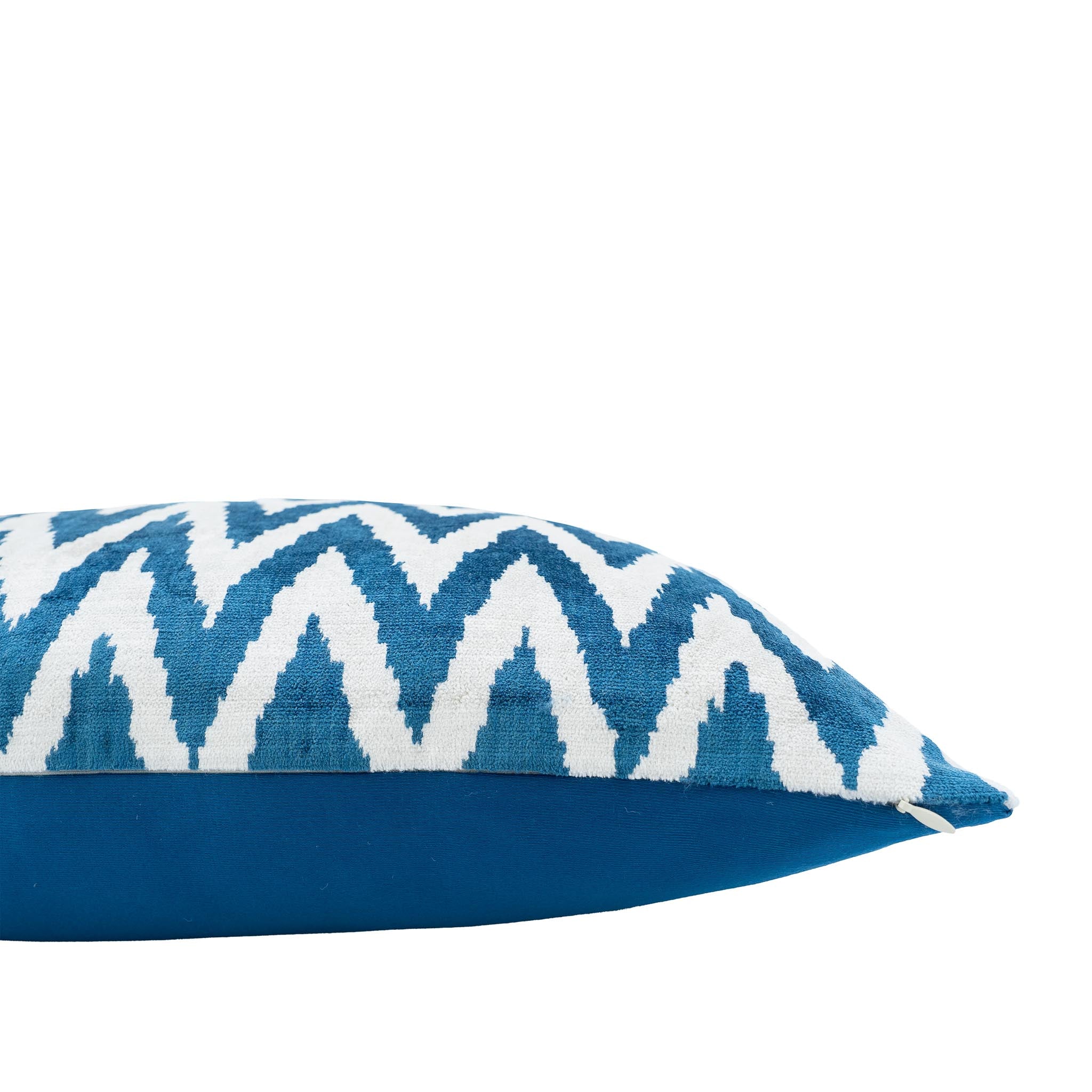 Handcrafted Chevron Blue Silk Velvet Pillow with a dynamic, eye-catching ikat pattern.