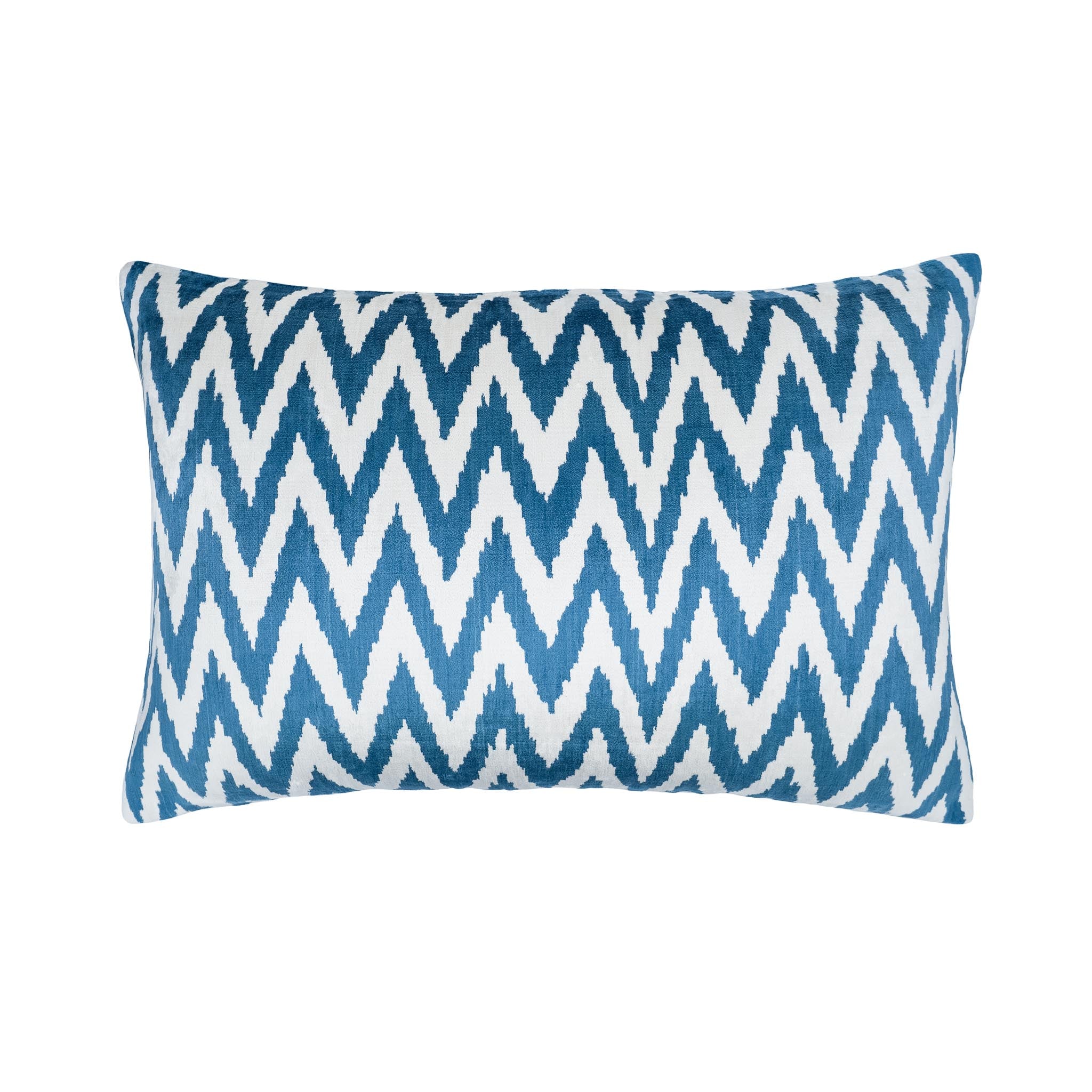 Chevron pattern blue and white silk velvet ikat pillow, 16x24 inch rectangular case.