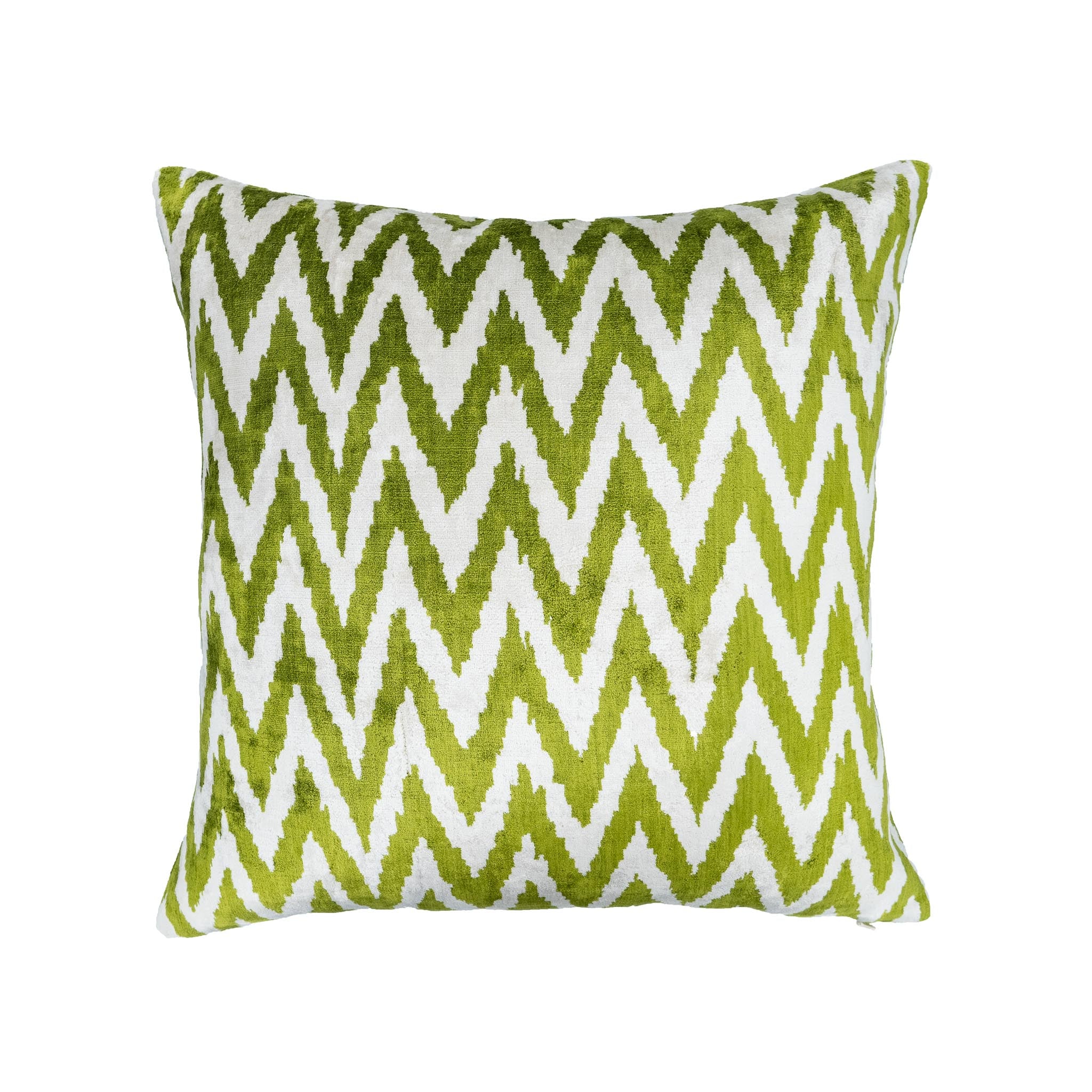 Chevron Green Silk Velvet Ikat Pillow featuring bold zigzag patterns in green and white, 20x20 inches.