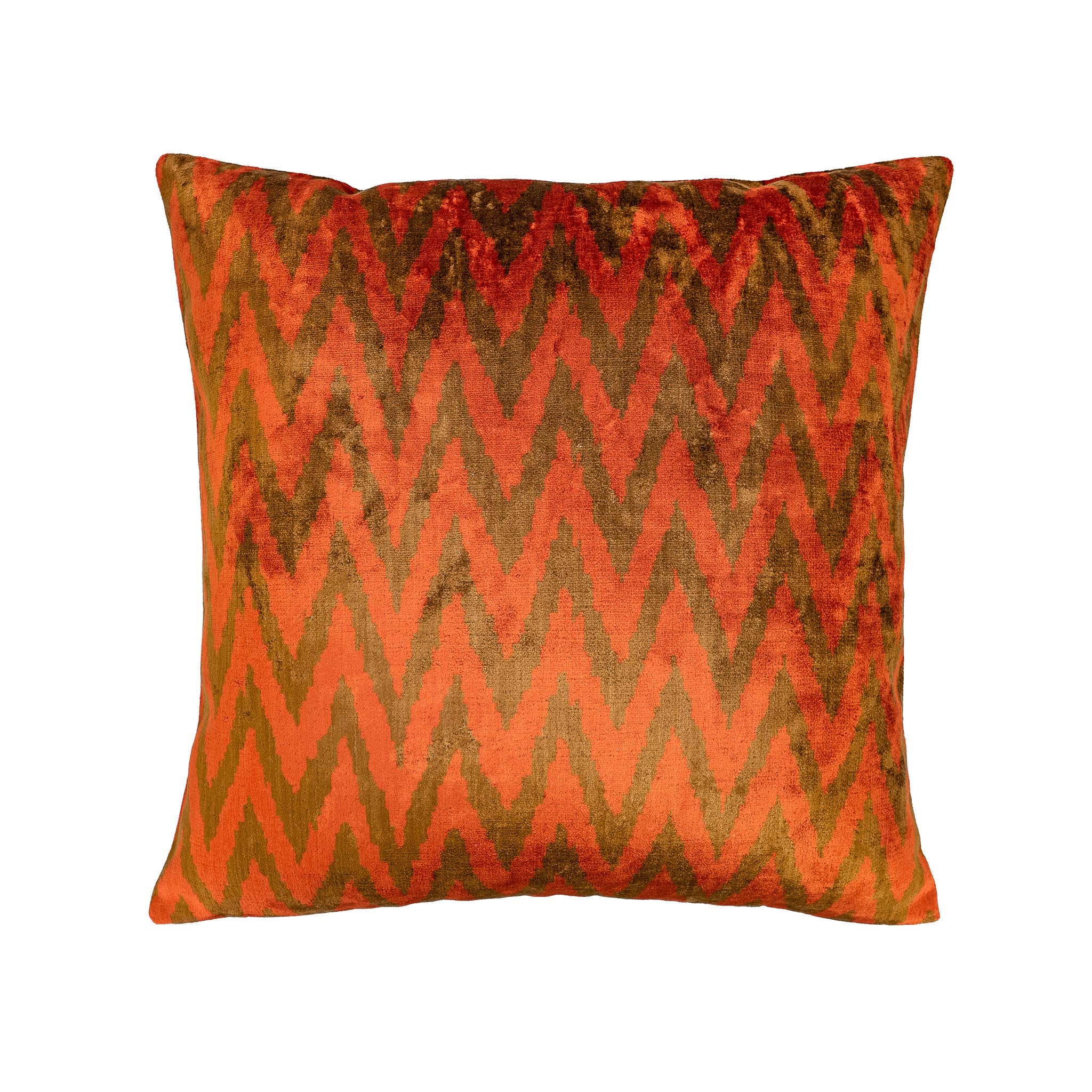 Chevron Silk Velvet Ikat Pillow with a bold orange and brown zigzag pattern, 20x20 inches.