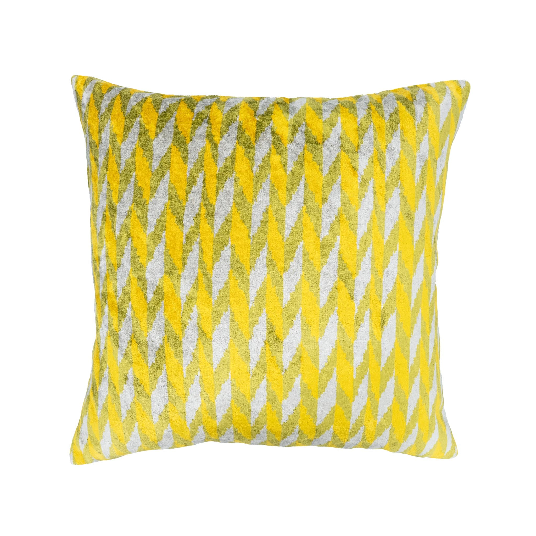 Bold yellow and green chevron-patterned ikat pillow crafted from 100% silk velvet, 20x20 inches.