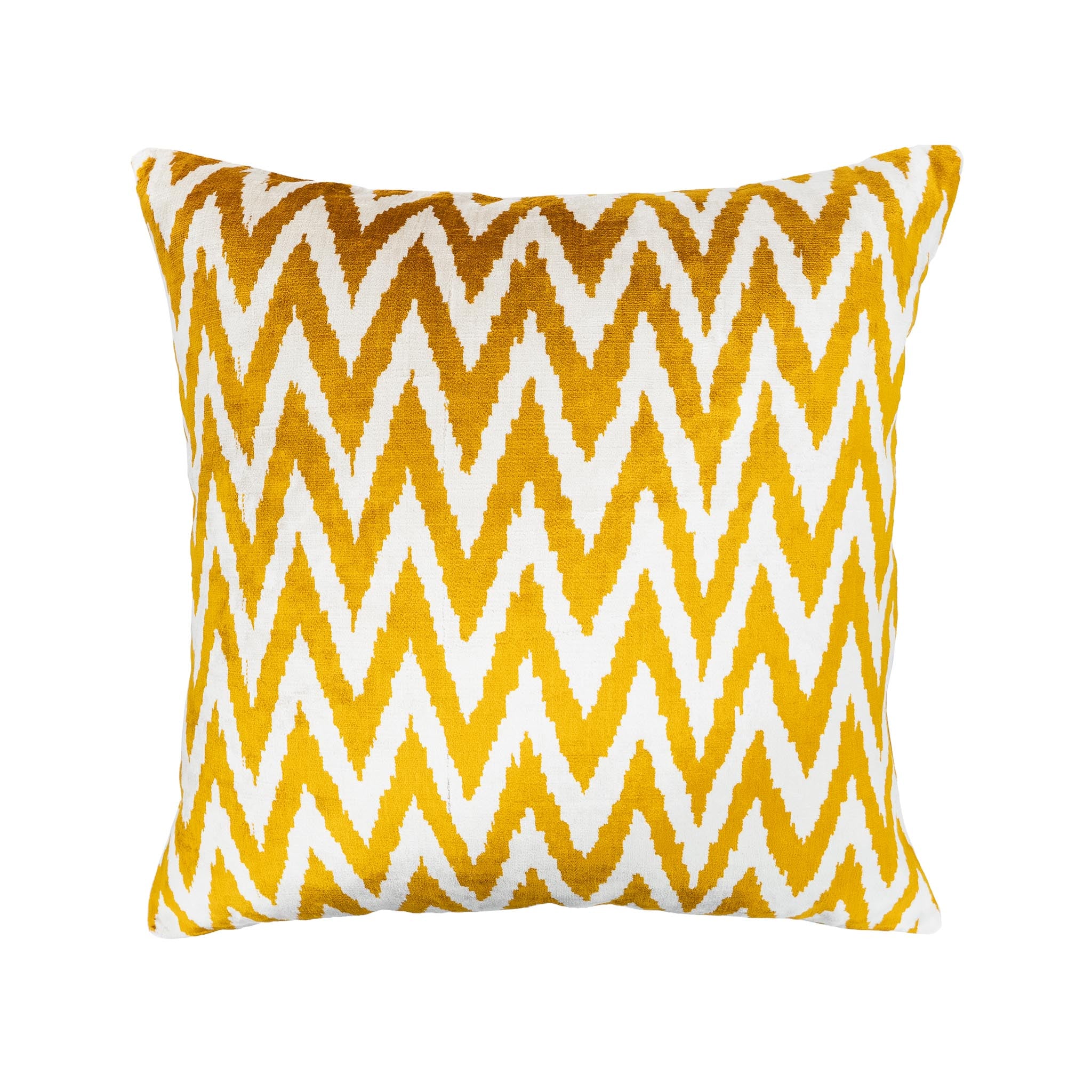 Chouchou Touch Chevron yellow silk velvet ikat pillow with a bold zigzag pattern, 20x20 inches.
