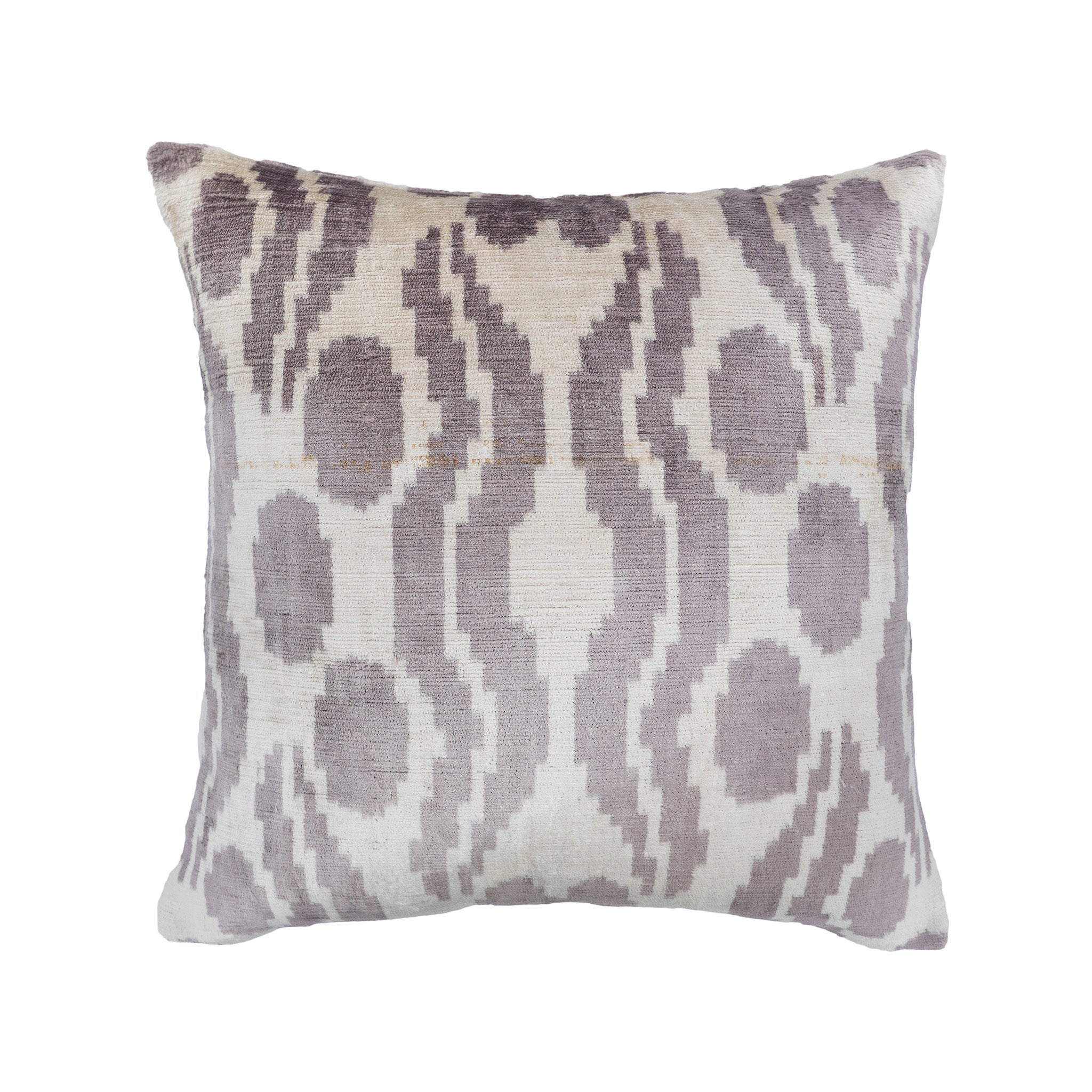 Chintamany Silk Velvet Ikat Pillow Cover in soft neutral tones, featuring a traditional Uzbek-inspired pattern, 20x20 inches.