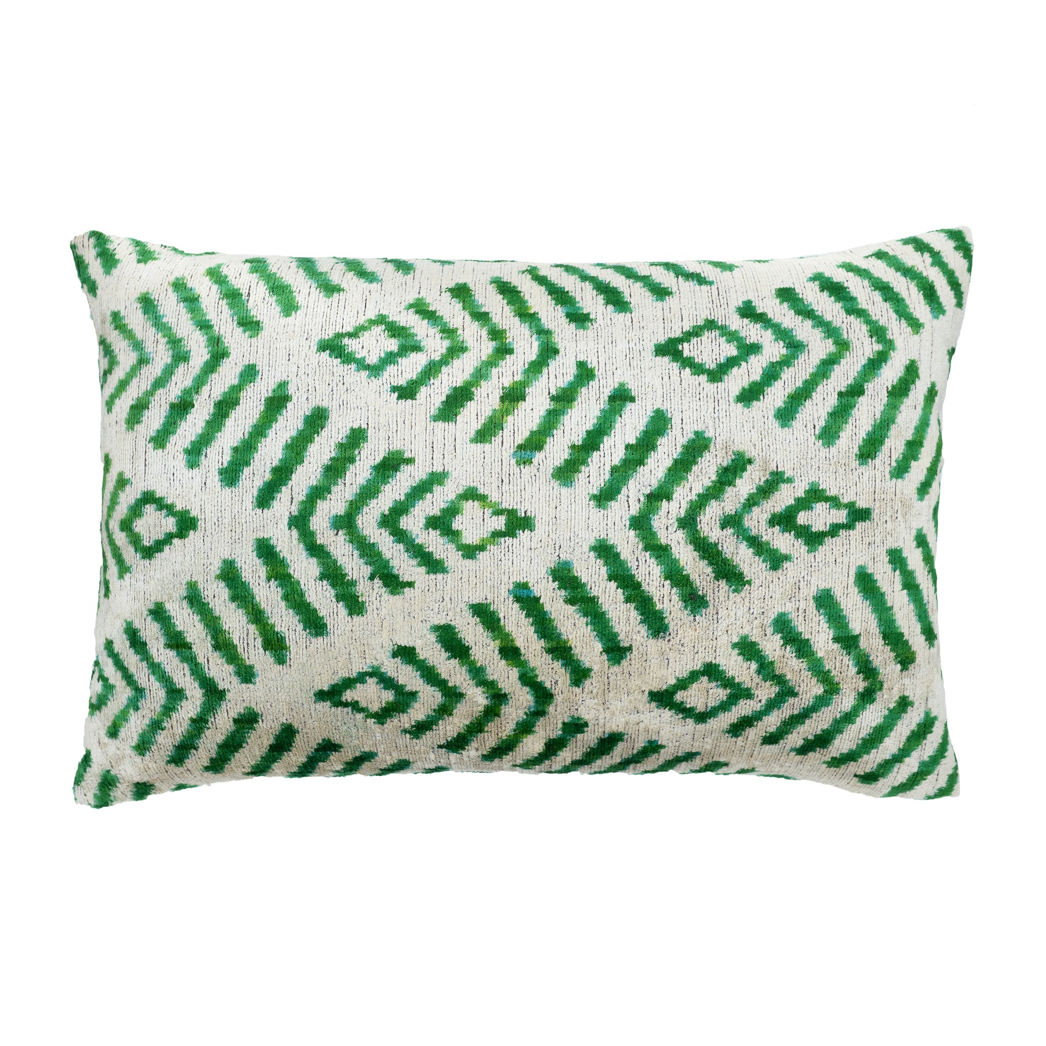 Coastal Green Silk Velvet Ikat Throw Pillow Cover with a geometric green pattern on a neutral background.