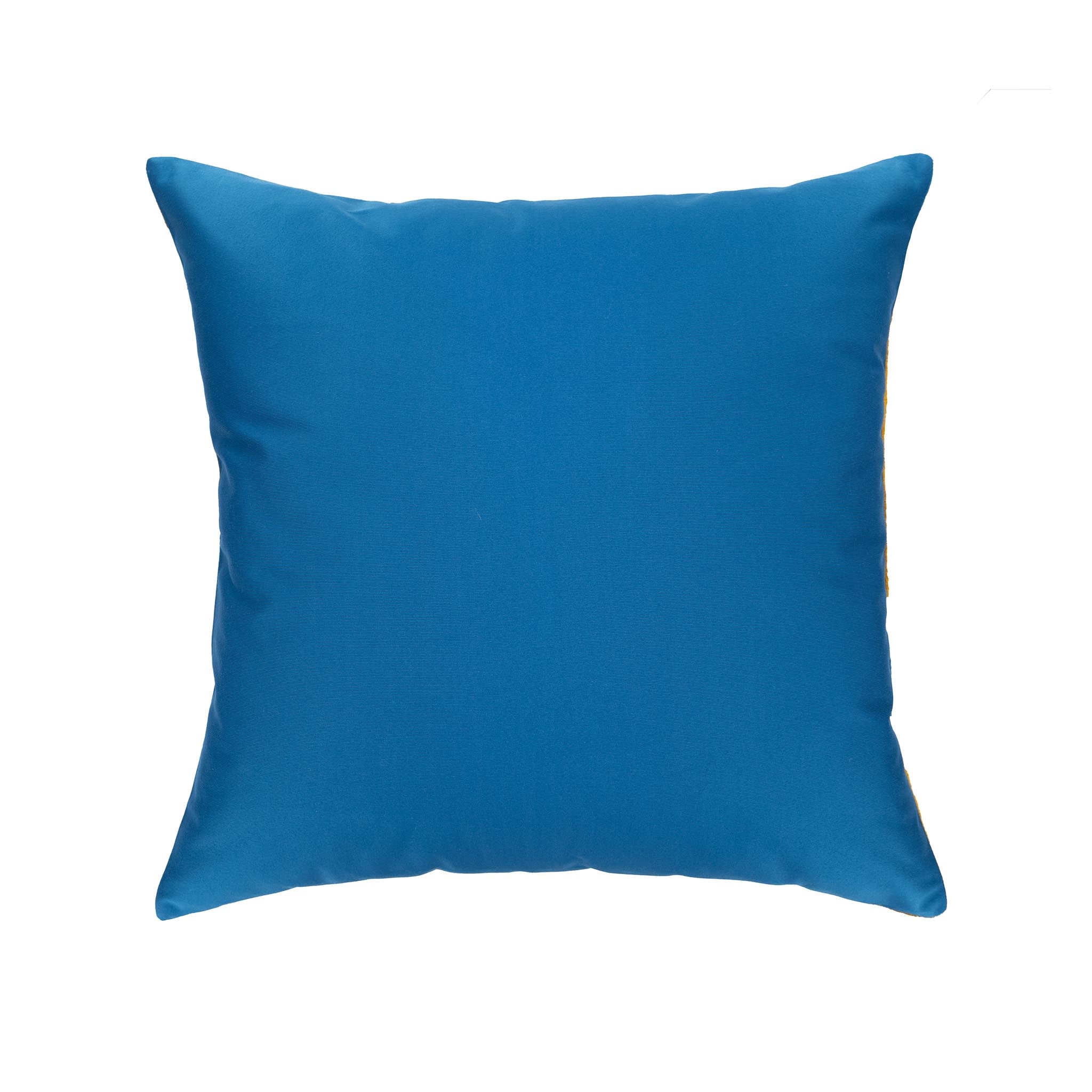 Golden yellow and royal blue silk velvet ikat pillow, perfect for luxury interior accents.