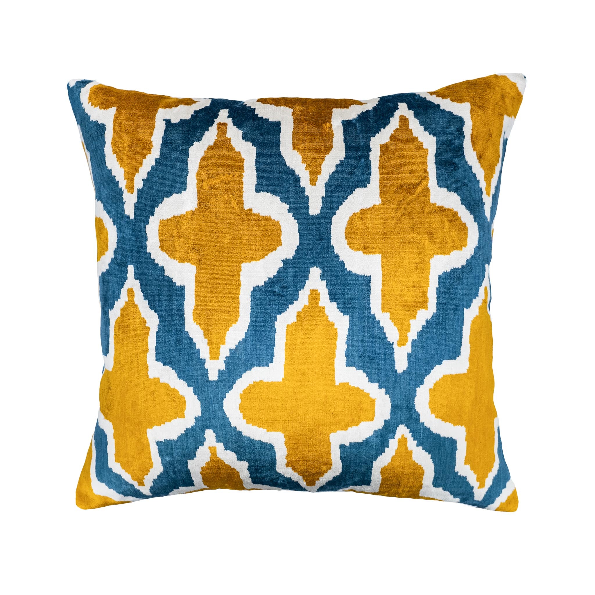 Conspiracy Silk Velvet Ikat Pillow in golden yellow and deep blue geometric pattern, 20x20 inches.