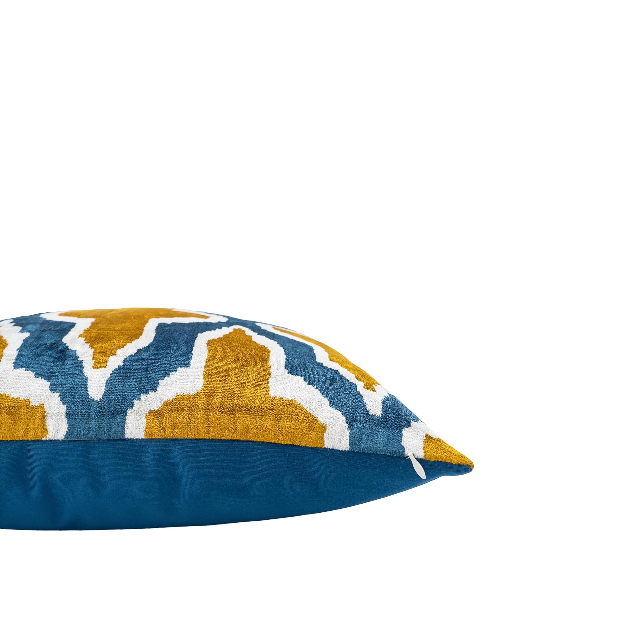 Golden and blue handwoven silk velvet ikat pillow cover with intricate patterns, 20x20 inches.
